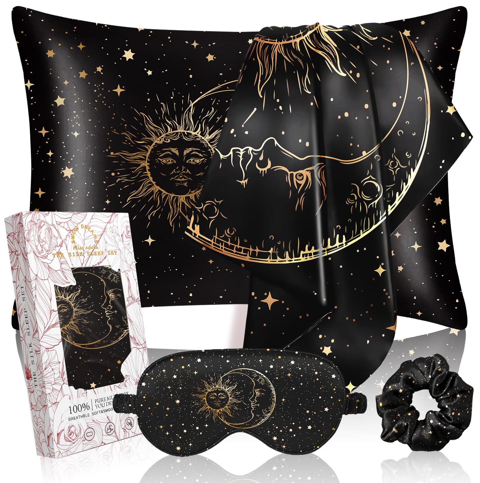 1Pack Mulberry Silk Pillow Case for Hair and Skin Standard 26"x20" Silk Pillowcase with Eye Mask & Scrunchie Soft Silk Pillowcase Sleeping for Women, Wife, Female - Black Sun Moon