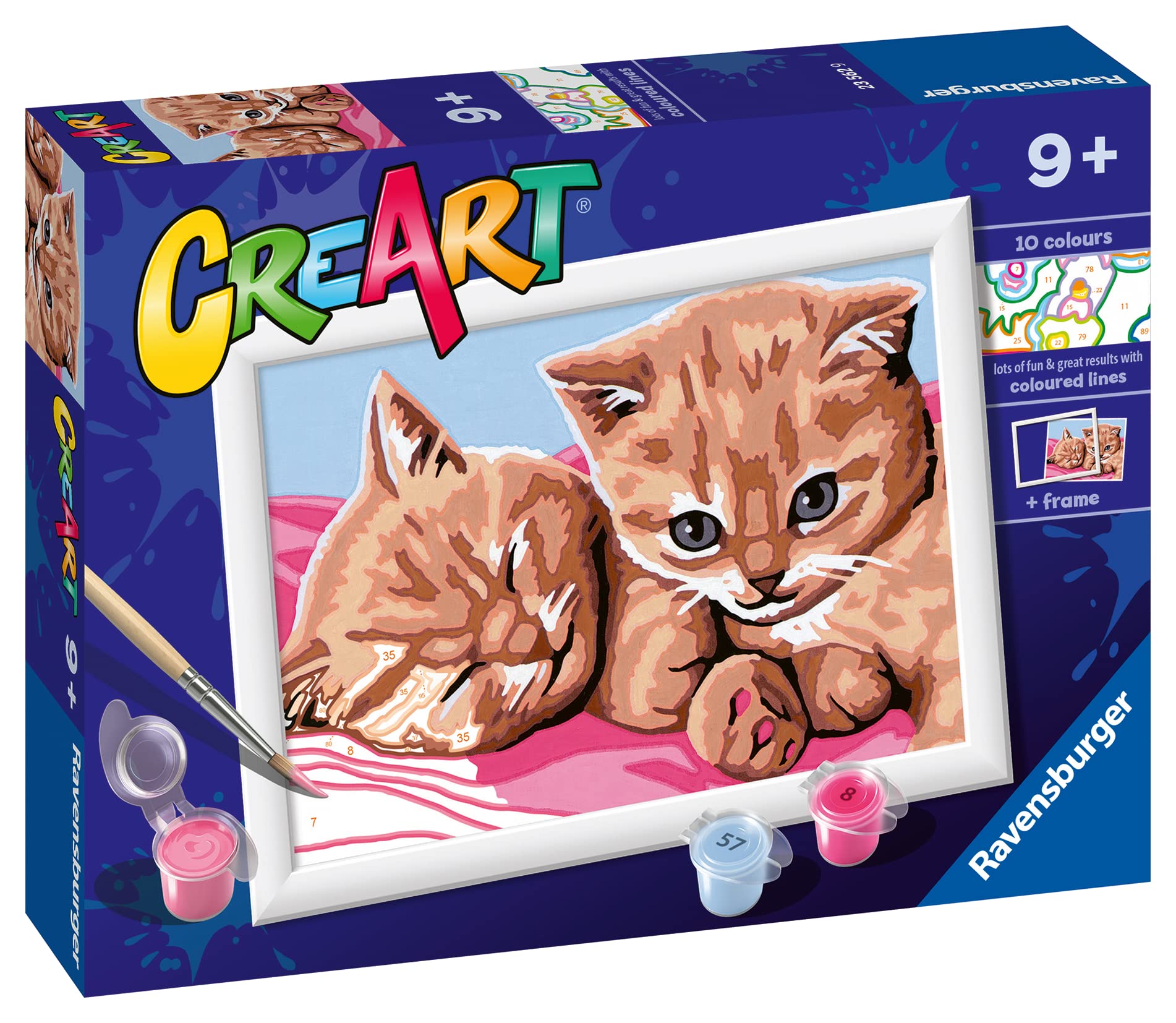 Ravensburger CreArt: Gattini amici – Dipingere con i Numeri per Bambini 9+ Anni, Kit Pittura con Tavole, Cornice, Pennello e Colori Inclusi, 14 x 19 cm, Idee Regalo