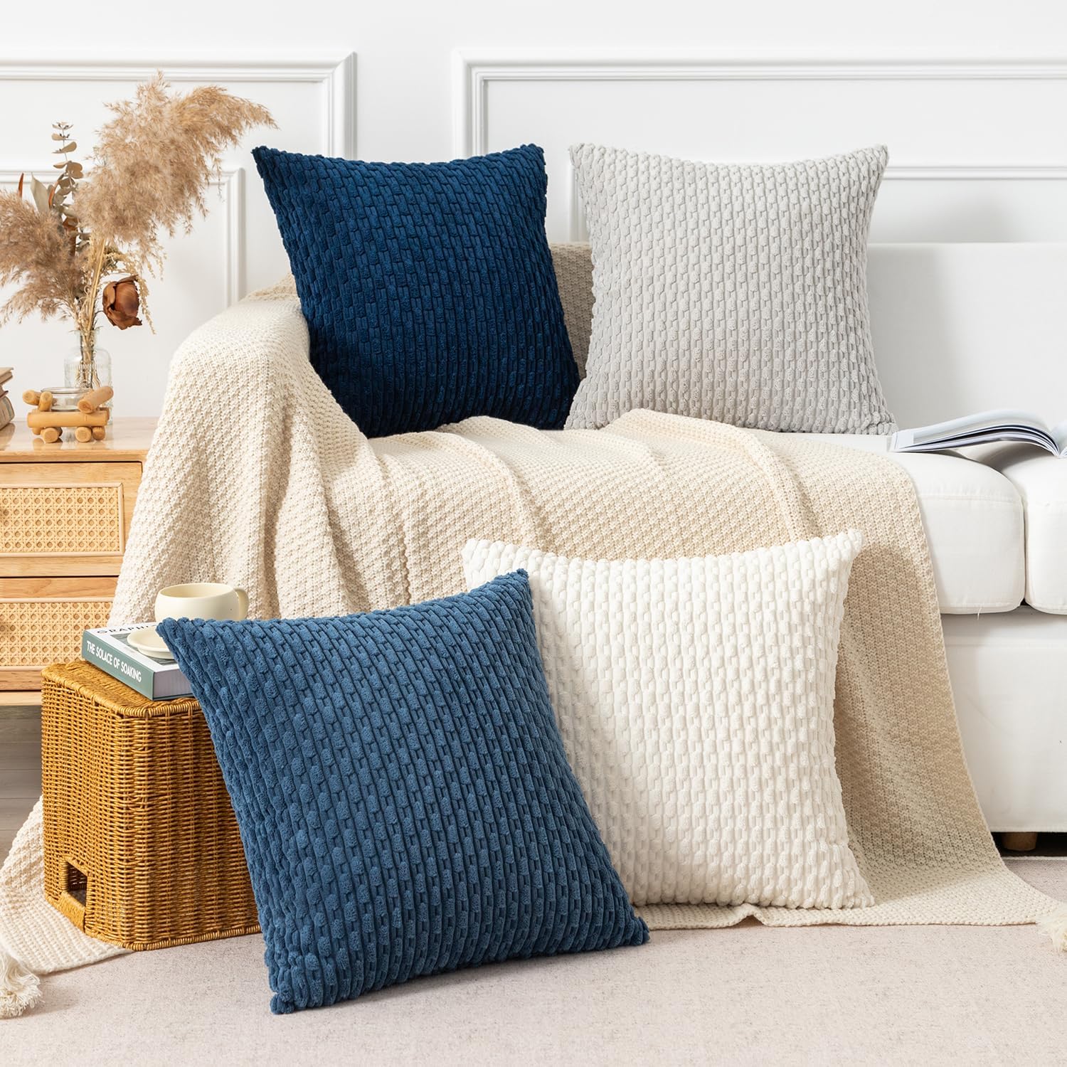 Kevin Textile コーデュロイ装飾スロークッションカバー 4枚セット 18x18インチ ソフト ボーホー ストライプ 枕カ