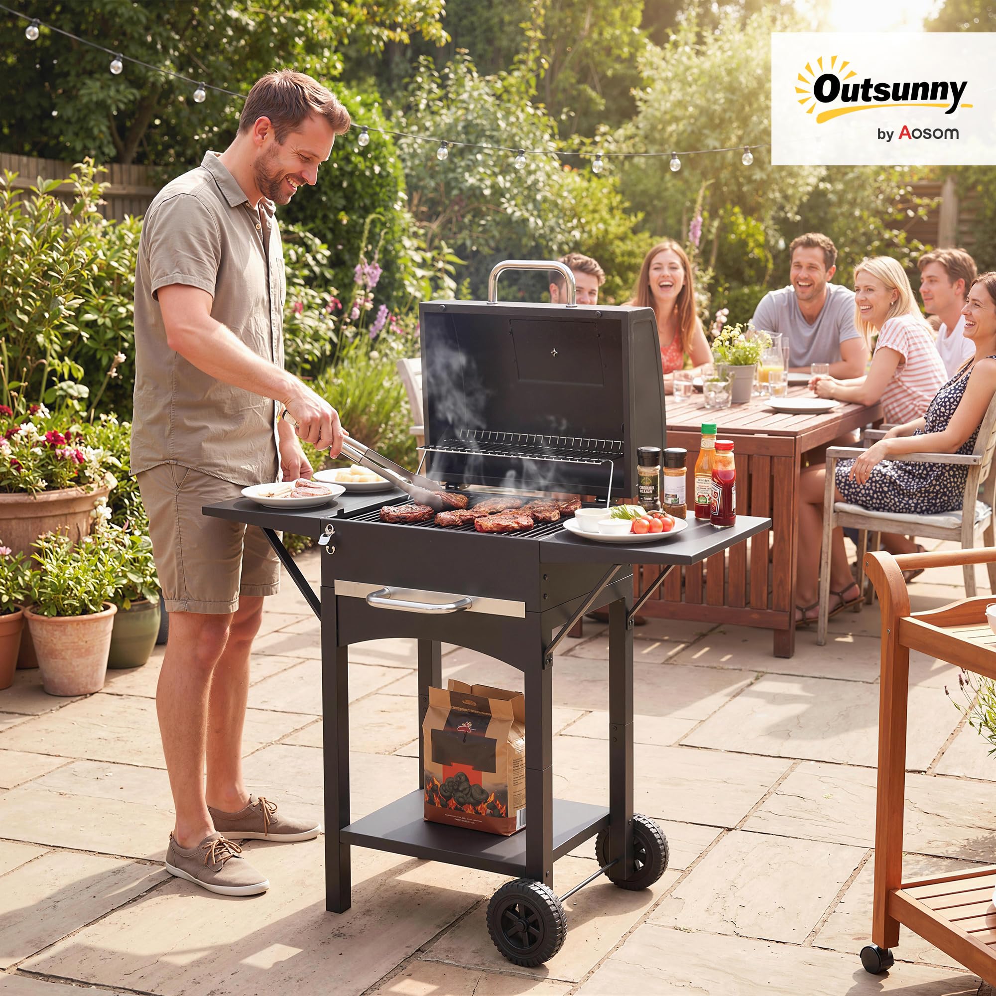 Outsunny Barbecue Carbonella Carrello con 2 Ripiani Laterali, Barbecue Portatile Affumicatore con Termometro, Griglia, Coperchio, Ruote Manico Acciaio Inox, BBQ Carbonella per Giardino Campeggio, Nero