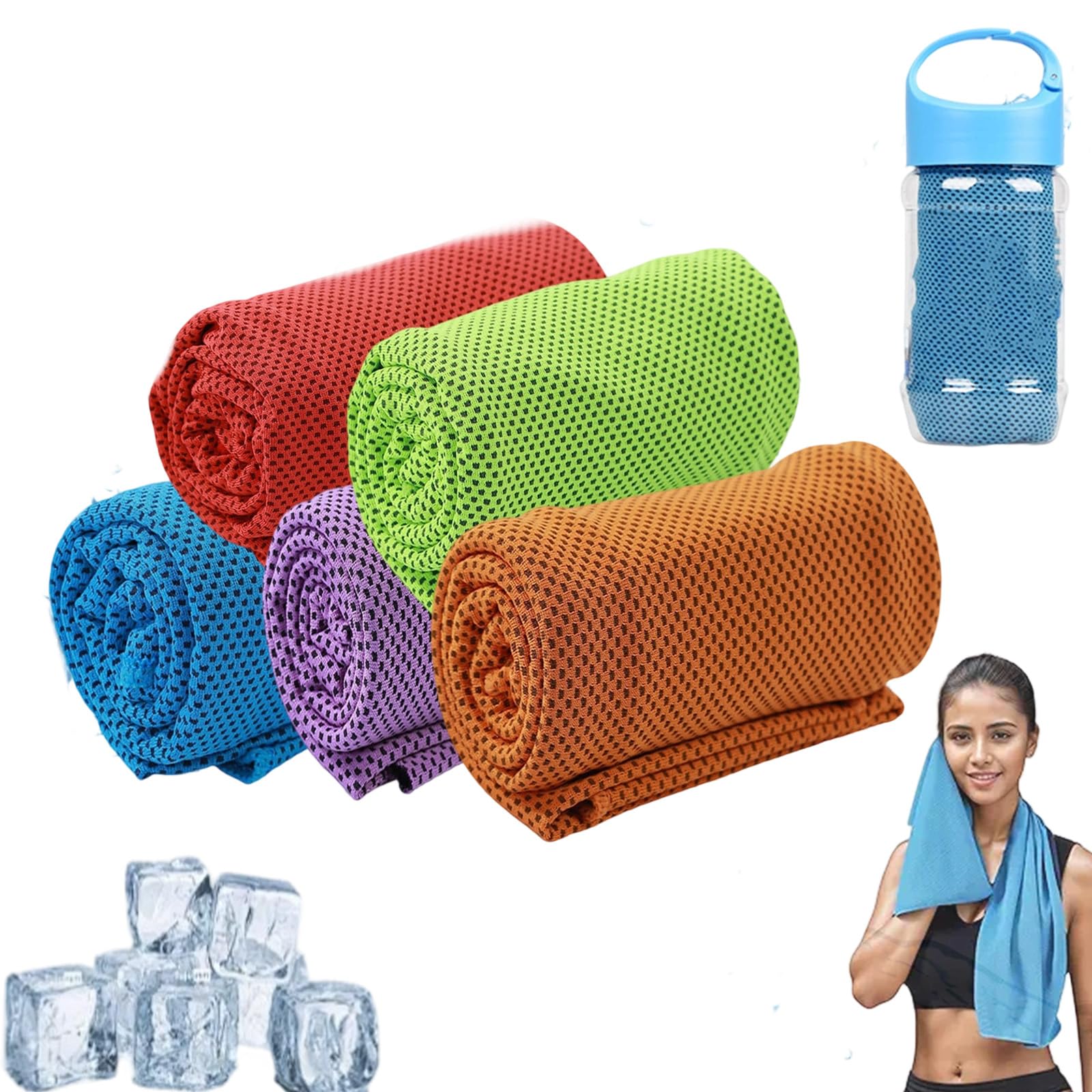 Towelnado Cool Towels & Bottle, Towelnado Ice Cooling Towel, Soft Breathable Chilly Gym Towel For Neck Face, Fast Drying Bottle Cooling Scarf Cloth for Workout (5pcsB)
