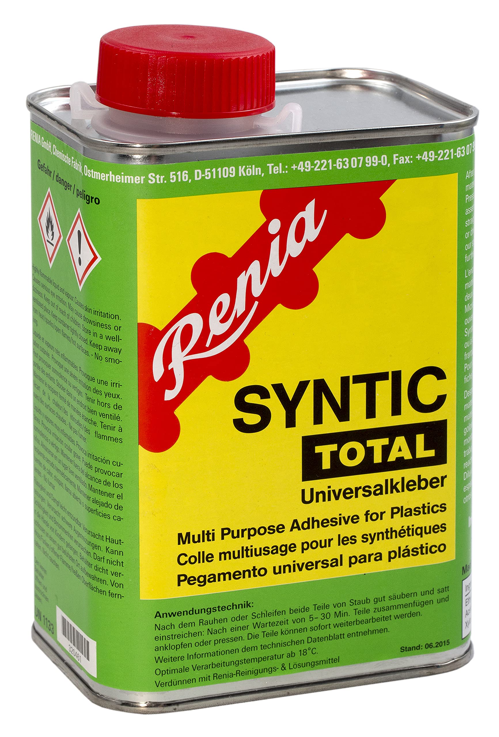Renia colle plastique TOTAL - Boîte de 850g avec brosse intégrée, colle polyuréthane sans toluène, transparente