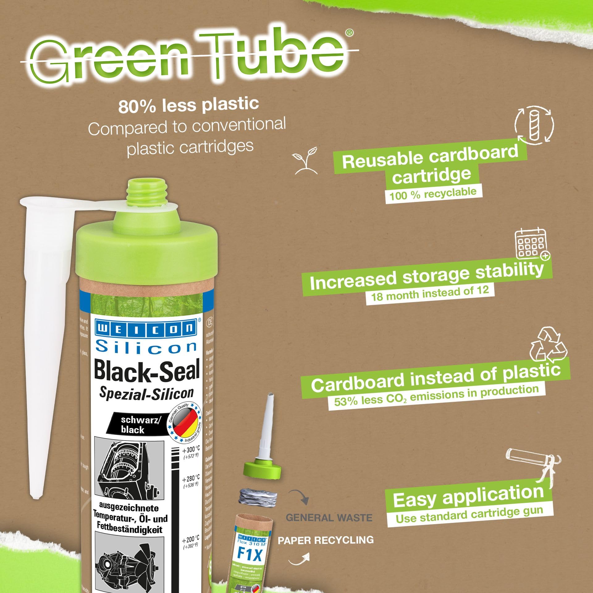 WEICON Green Tube Set Black Seal, wysokotemperaturowy silikonowy uszczelniacz do silników, kartonowy wkład wielokrotnego użytku, zestaw 3 x 280 ml, kolor: czarny