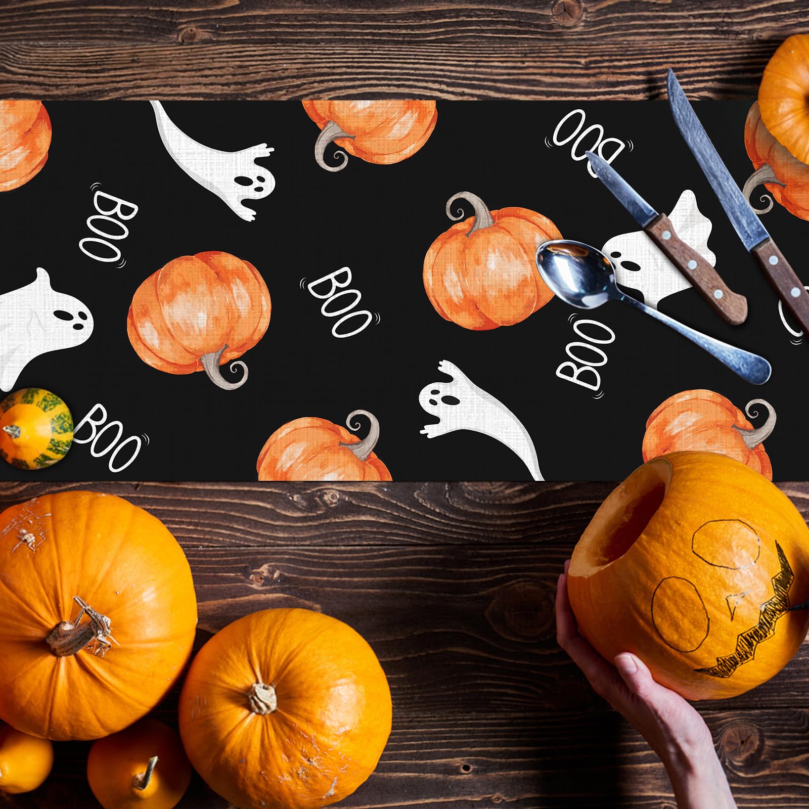 Fowecelt Halloween Tischläufer Kürbisse Geist: 33 X 183cm Gespenstisch Boo Schwarz Tabelle Läufer für Herbst Urlaub Küche Essen Halloween Party Dekoration