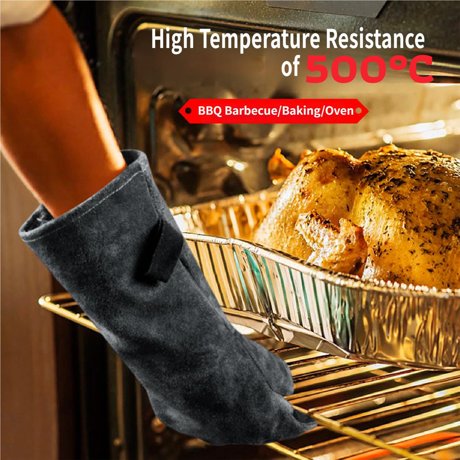 Guanti Barbecue, Guanti BBQ Resistenti al Calore Fino a 500°C, Pelle, Guanti da Saldatura Resistenti E Robusti per Cucina, Grigliate Black-Grey-40cm/15.75in