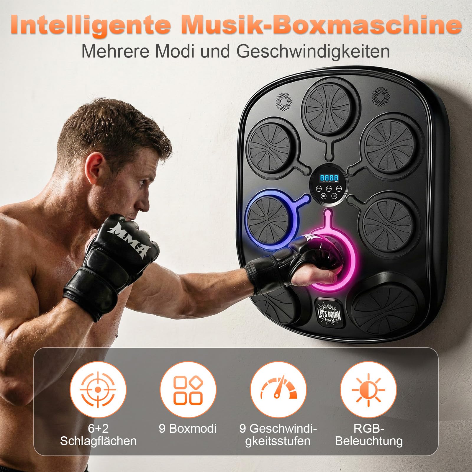 Musikboxmaschine mit Handschuhen, Wandmontage Smart Punching Target mit Bluetooth, 9 Musik-/Lichtmodi, Kalorienzähler, hochschlagfester PU-Schaum für Heim-Fitnesstraining