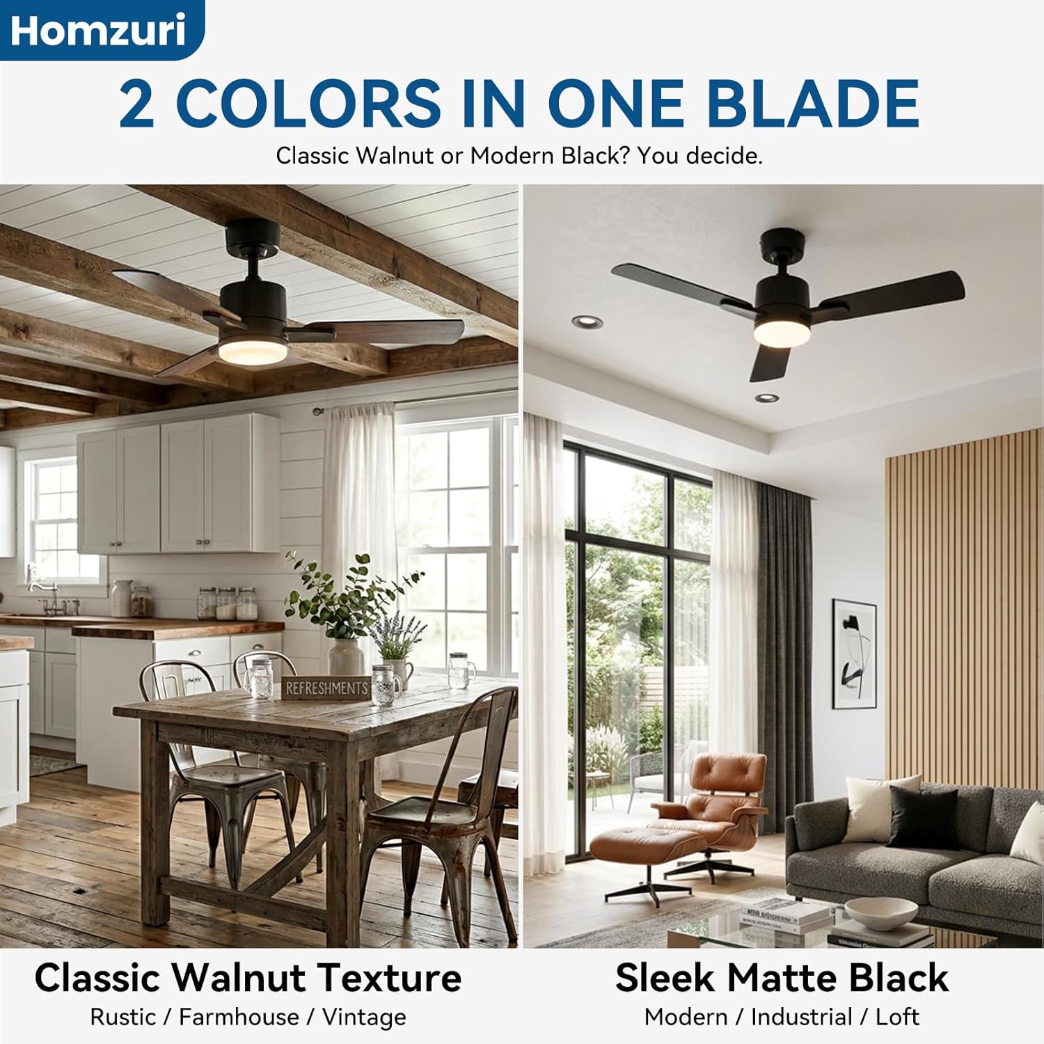 42" Ceiling Fan with Light and Remote, 6 Speed, Reversible Quiet DC Motor, 3CCT & Dimmable, Fast Install, Dual Finish 3 Blades Downrod Ceiling Fan with Lights for Bedroom, Living Room, Apartment