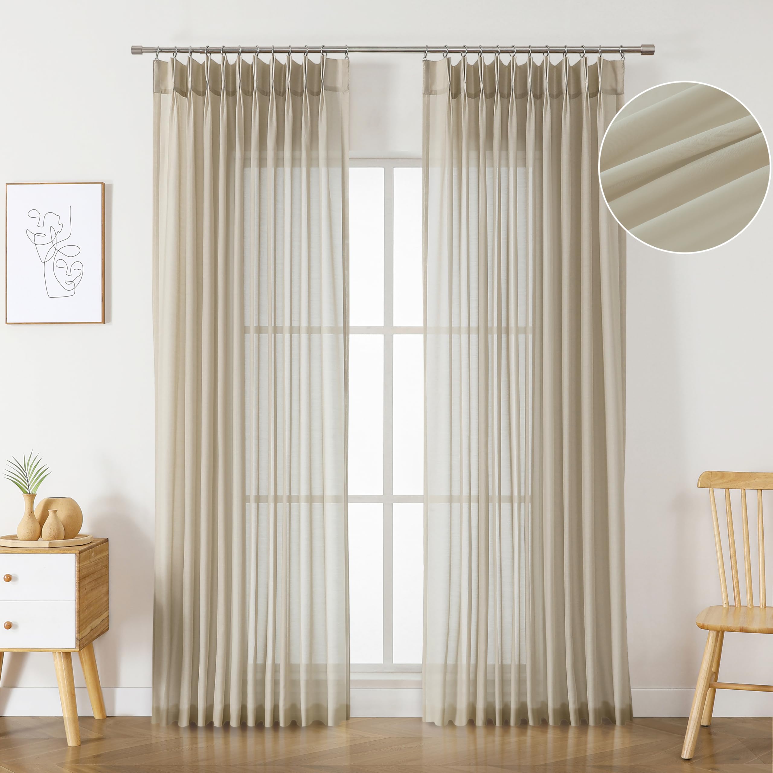 WEST LAKE Khaki Pinch Pleated Sheer Curtain Panels 84 Inches Long for Living Room Bedroom,Plaza Taupe Farmhouse Sheer Drapes with Backtabs Hooks,Sheer
