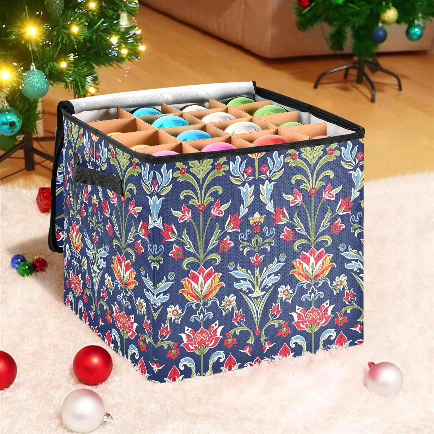 High Capacity Christmas ornament storage Holds Up to 64, Adjustable Dividers telescoping Holiday Storage Case with Lid,Traditional Flower Deep Blue