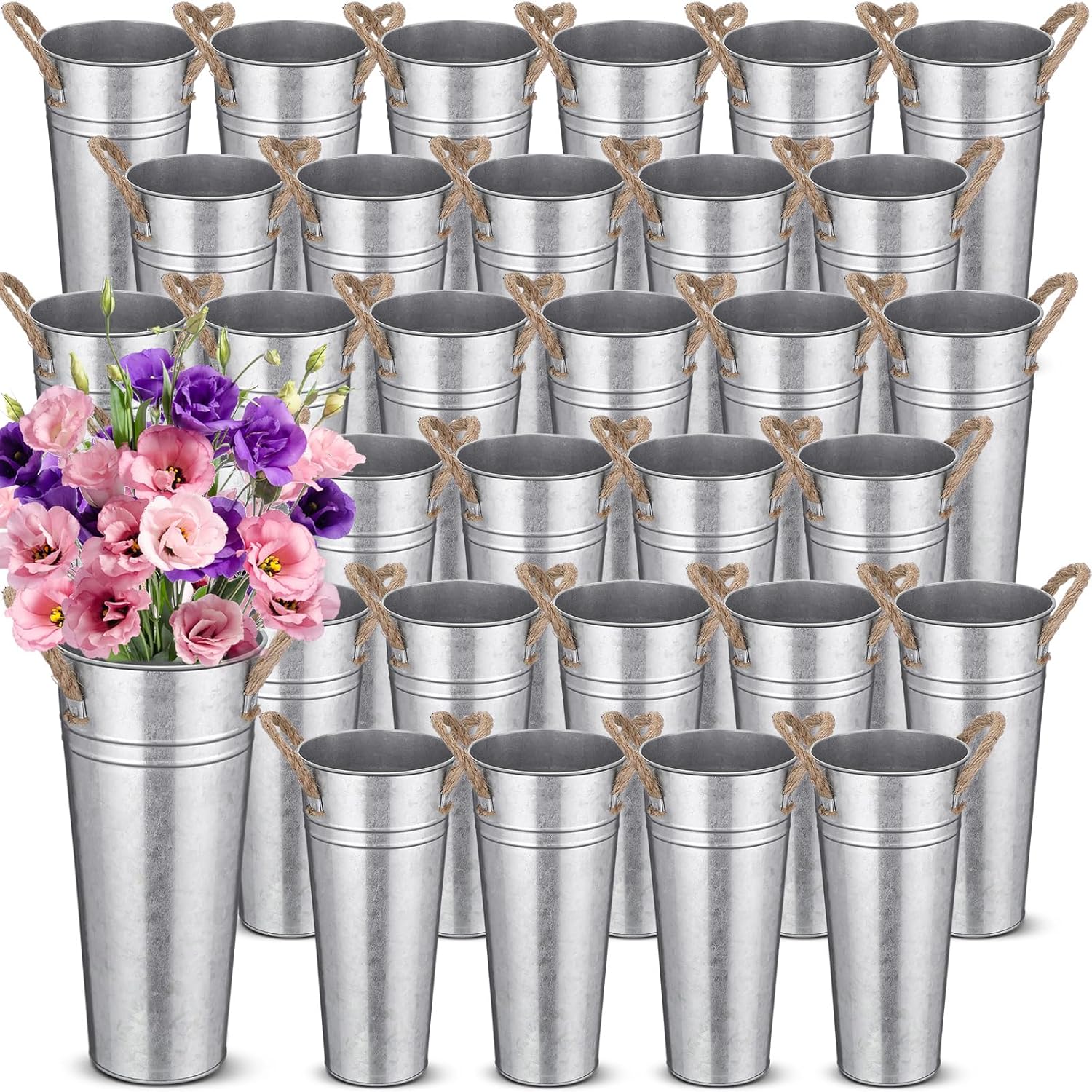 Bokon 32 Pack 9 Inch Galvanized Metal Vases Bulk Farmhouse Flower Vases Vintage French Floral Bucket with Handles Rustic Tall Metal Planter Buckets for Wedding Table Centerpiece Decorations DIY Craft