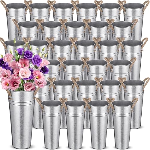 Bokon Paquete de 32 jarrones de metal galvanizado de 9 pulgadas a granel, floreros de flores vintage francesas, cubeta con asas, cubos rústicos de