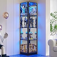 68" Black Corner Glass Display Cabinet with LED Lights & Pop-Up Doors - 4-Tier Curio Case for Collectibles, Toys, Books