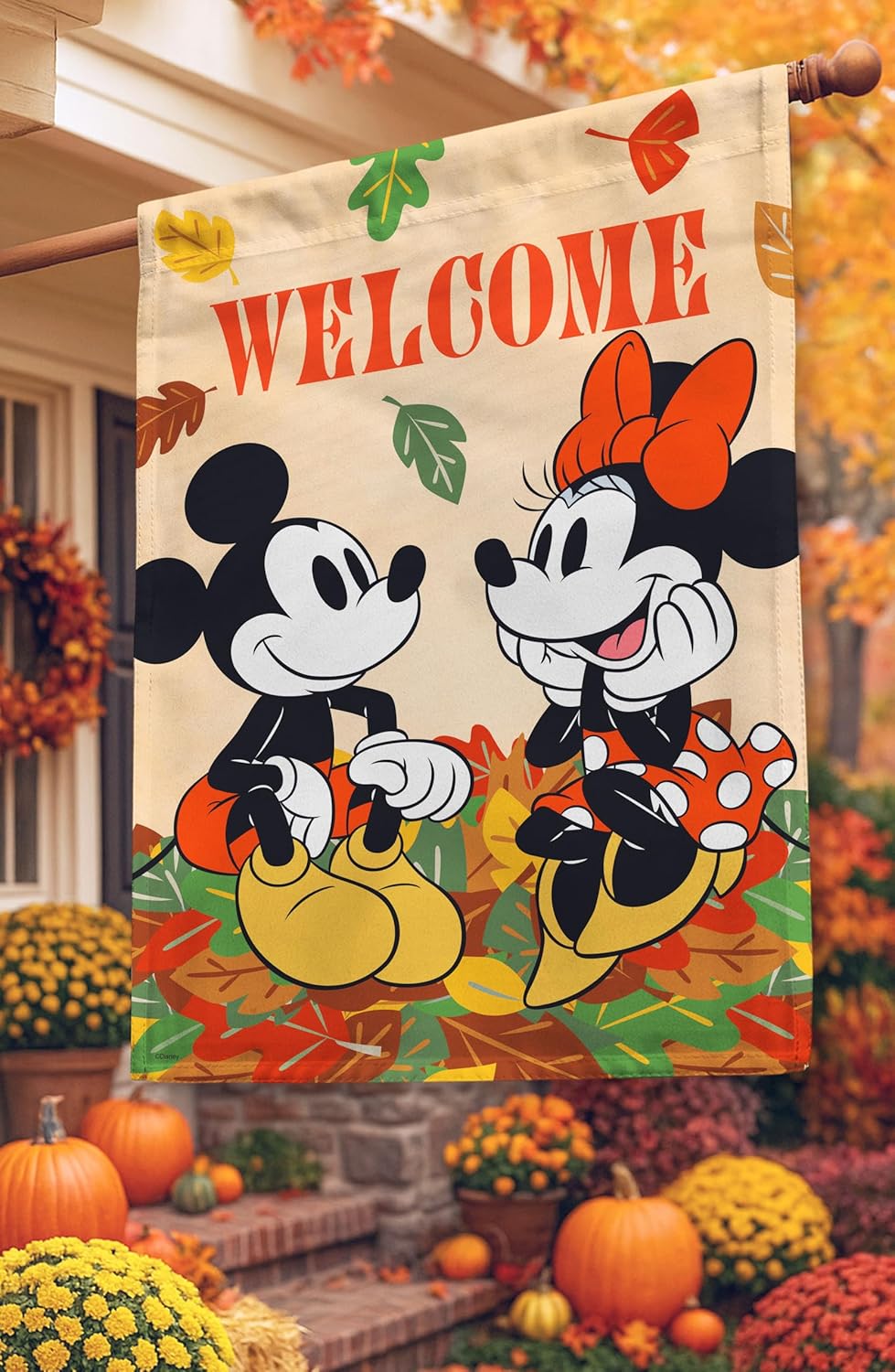 Flagology.com, Disney Welcome Fall Leaf Pile Mickey and Minnie – House Flag 28" x 40", Outdoor Flag, Exclusive Premium Fabric, Officially Licensed Disney, Fall, Autumn