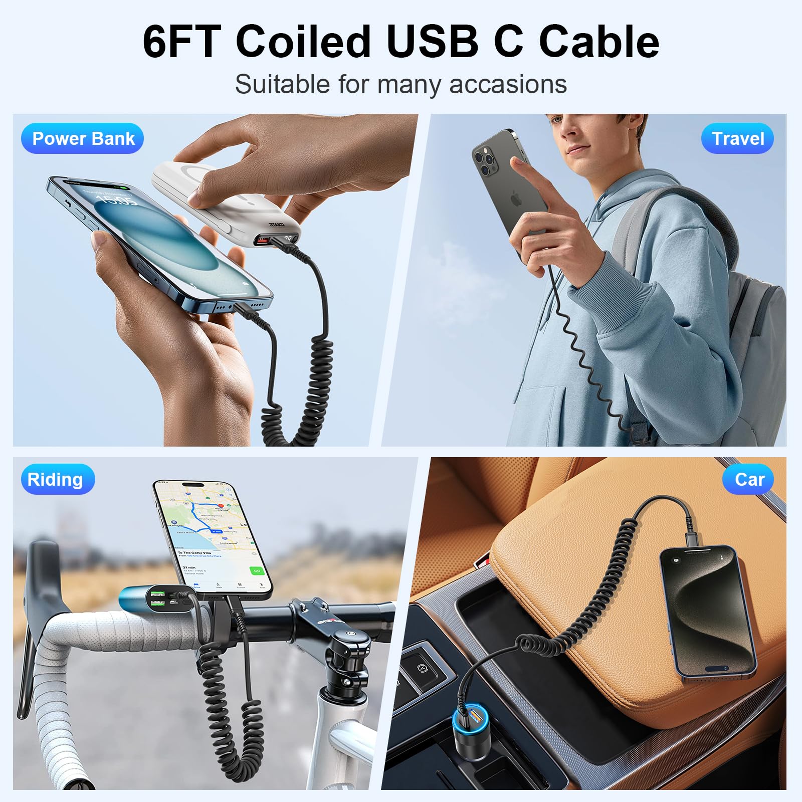 Cable de carga USB C a USB C, paquete de 4 cables de carga USB C en espiral para coche, cable de carga rápida tipo C a C de 6 pies de largo para teléfono/Android Auto/iPhone Samsung Galaxy/Carplay
