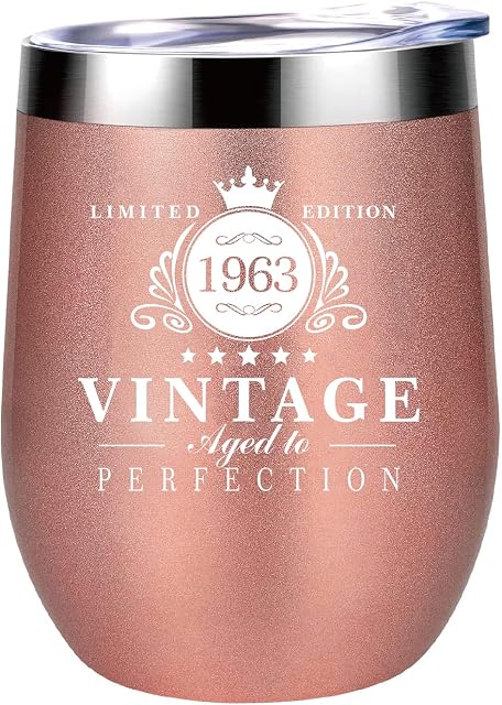 Giiwi 1963 - 60th Birthday Gifts for Women, 12 oz Wine Tumbler with Lids, Double Wall Vacuum Insulated Stainless Steel Stemless Wine Glass, Ideal Gifts for Woman, Rose Gold