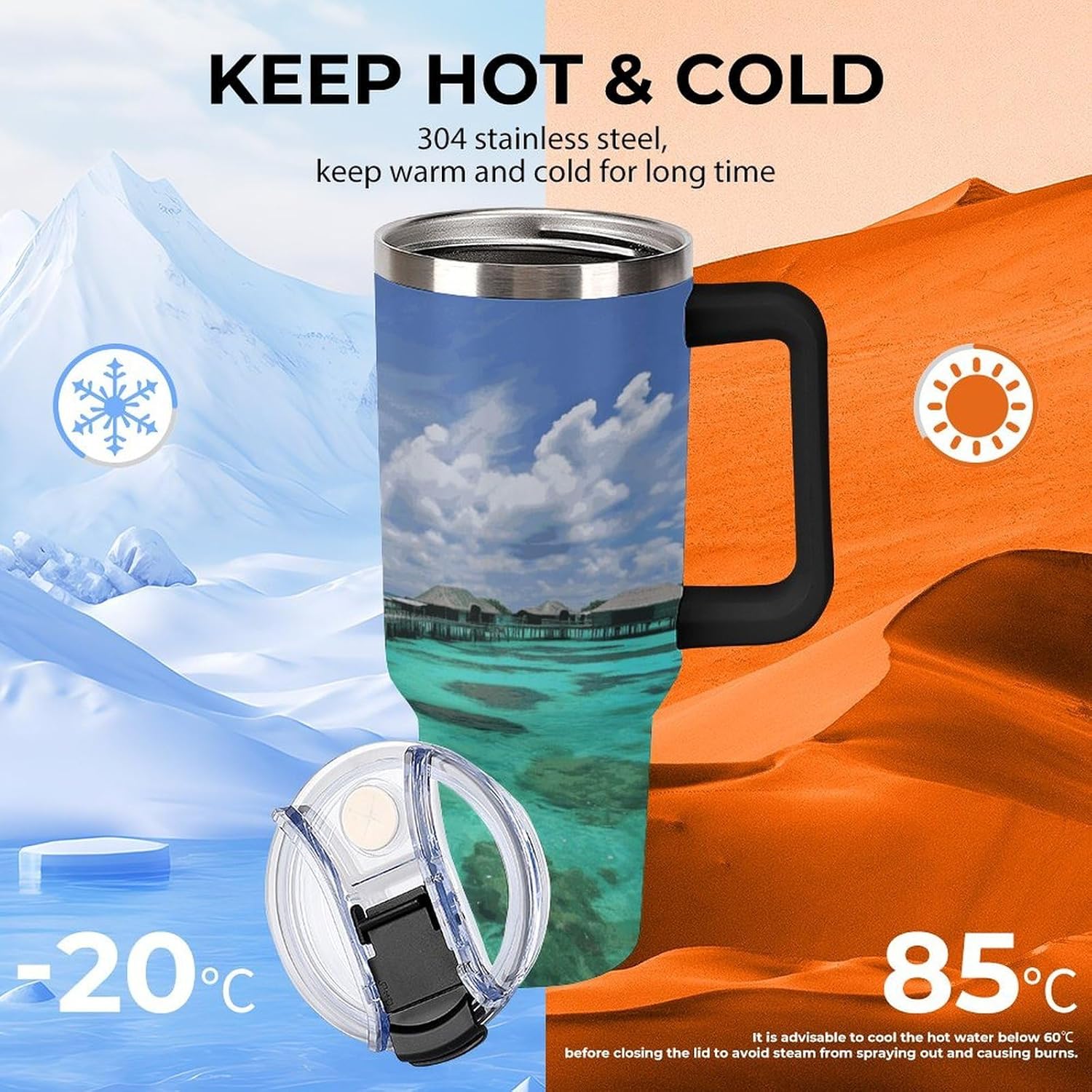 40 Oz Insulated Mug with Handle, Stainless Steel Maldives Scenery Printed Travel Mug Portable Leak-proof Large Car Mug for Home, Office Or Car
