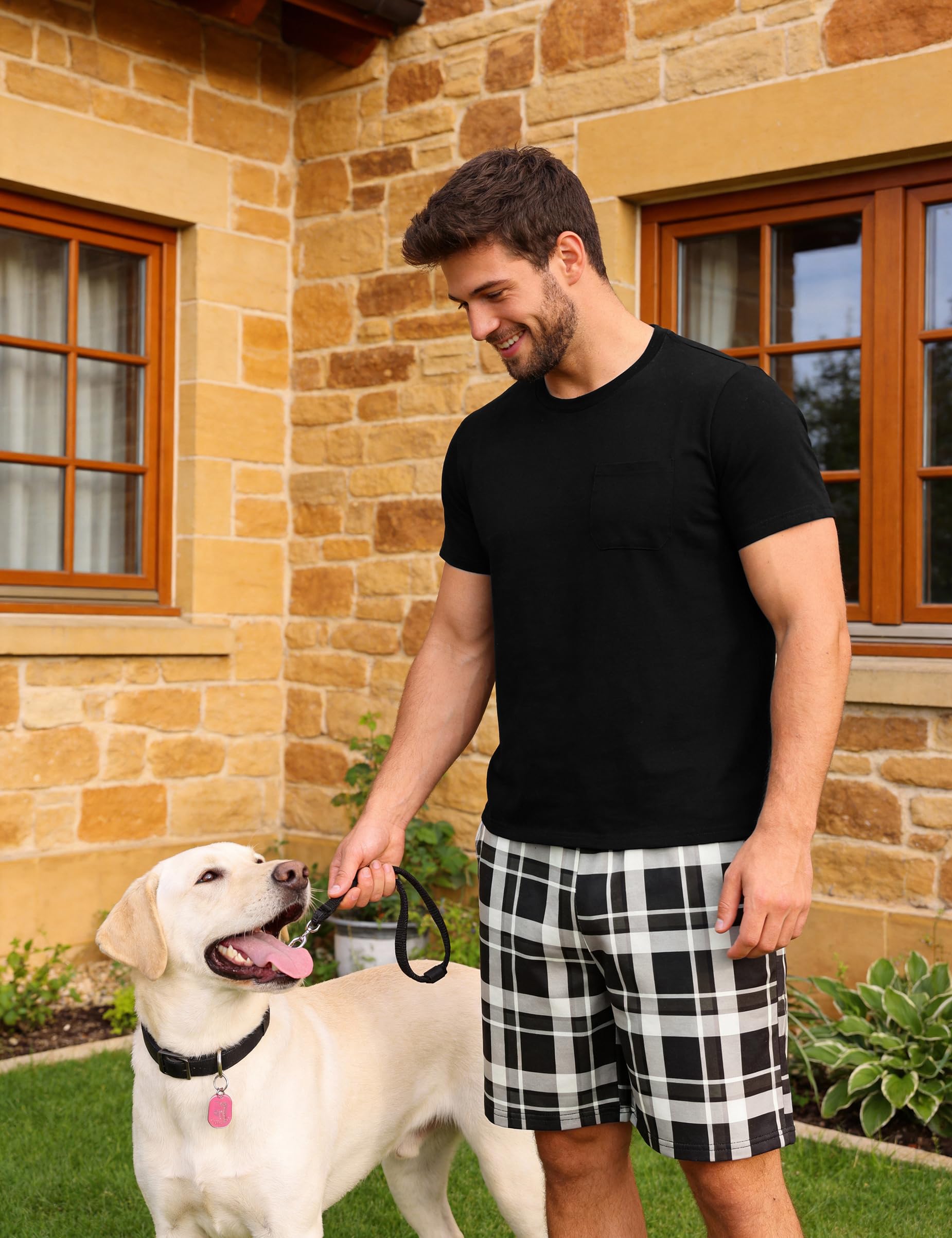 Bresdk Pyjama Homme Été Court Coton Manches Courtes Ensemble Short Vêtements de Nuit Confortable pour Maison Loungewear Voyage