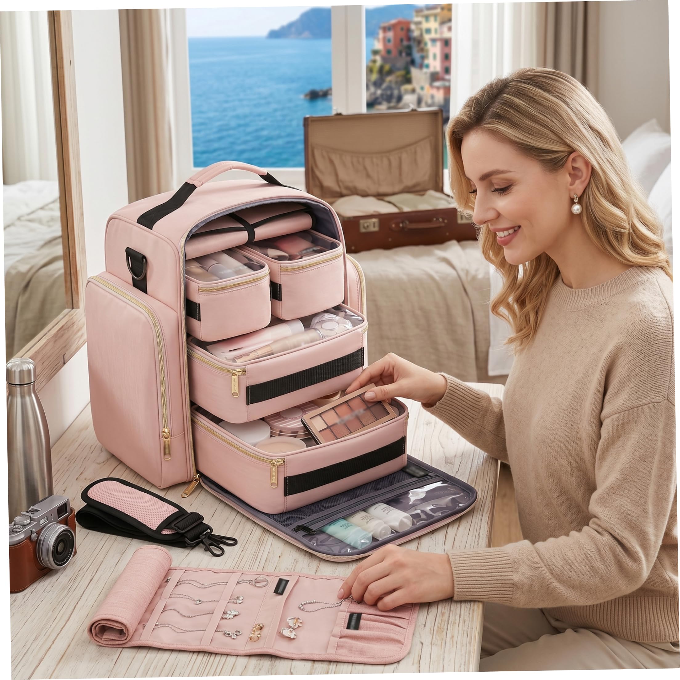 Neceser de Maquillaje con Compartimentos, neceseres de Gran Capacidad para Mujer, Bolsas de Viaje portátiles para Mujer, 4 Compartimentos Desmontables + Rollo de joyería, Organizador de Maquillaje