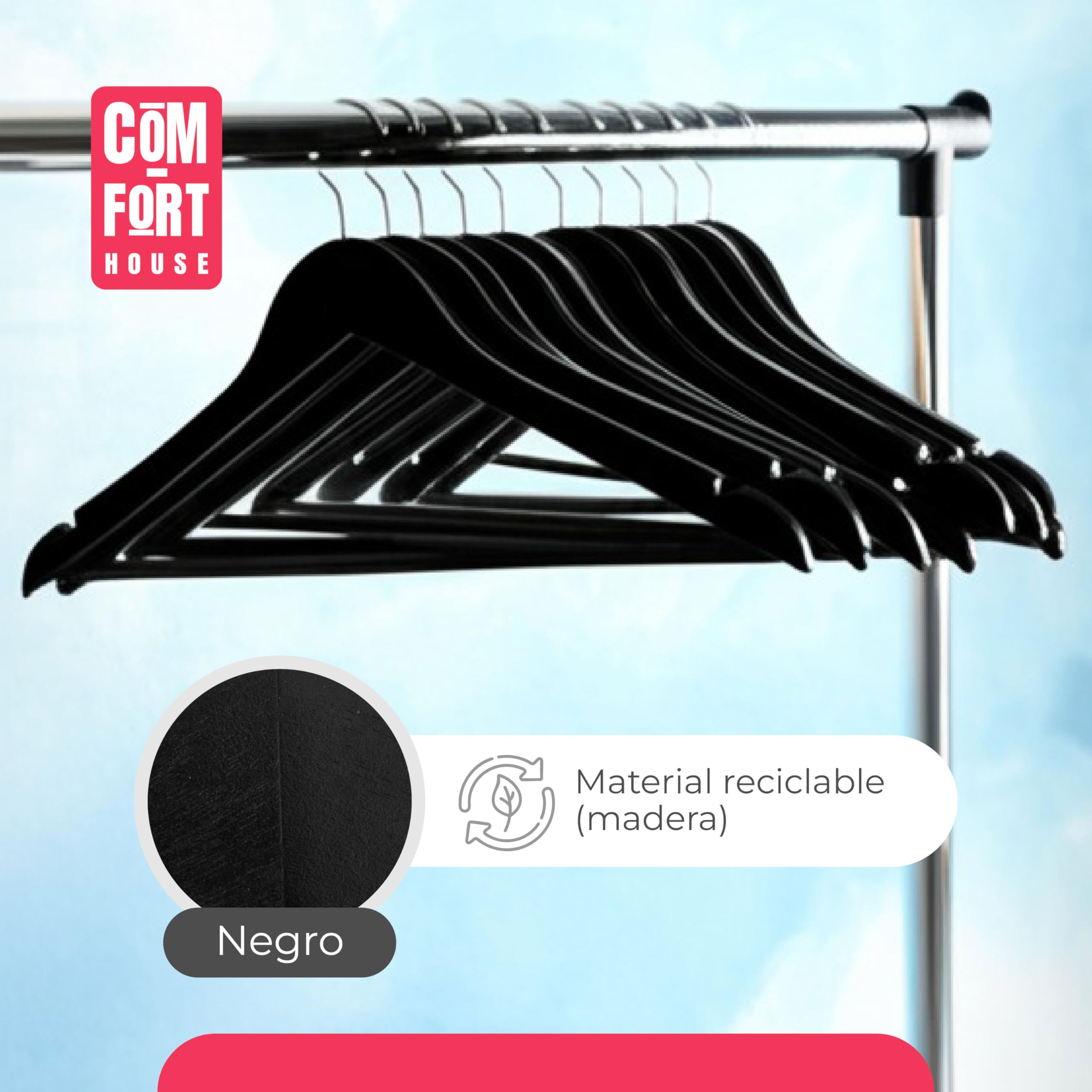 COM-Fort House - Lot de 40 cintres en Bois Massif Noir avec Crochet pivotant à 360° et encoches antidérapantes - avec Barre pour Pantalons - Haute résistance