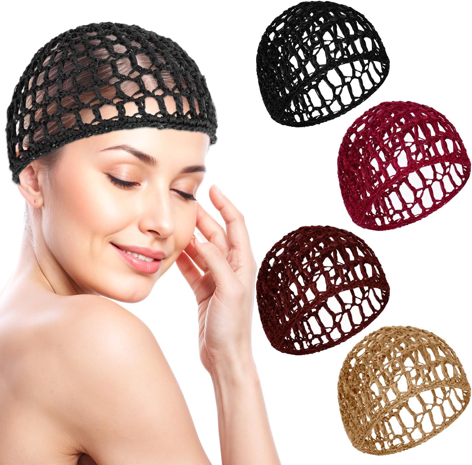 4pcs Crochet Mesh Hair Nets for Sleeping In,Mesh Crochet Hair Net for Wigs,Soft Rayon Crocheted Sleep Caps Hairs Wrap Net,Elastic Sleeping Hairnet for Women,4 Colors