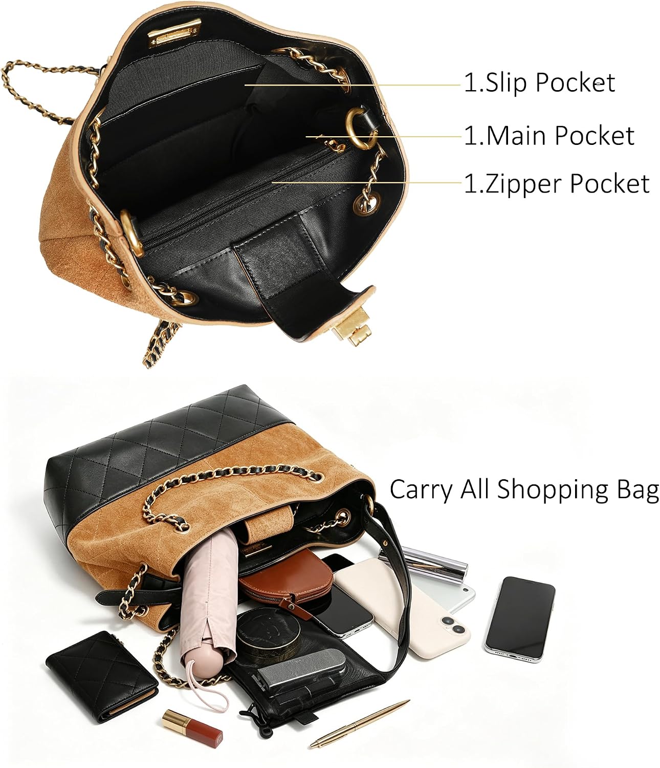 Women's Premium Retro Suede & Quilted Leather Hobo Bag Vintage Sheepskin Bucket Purse