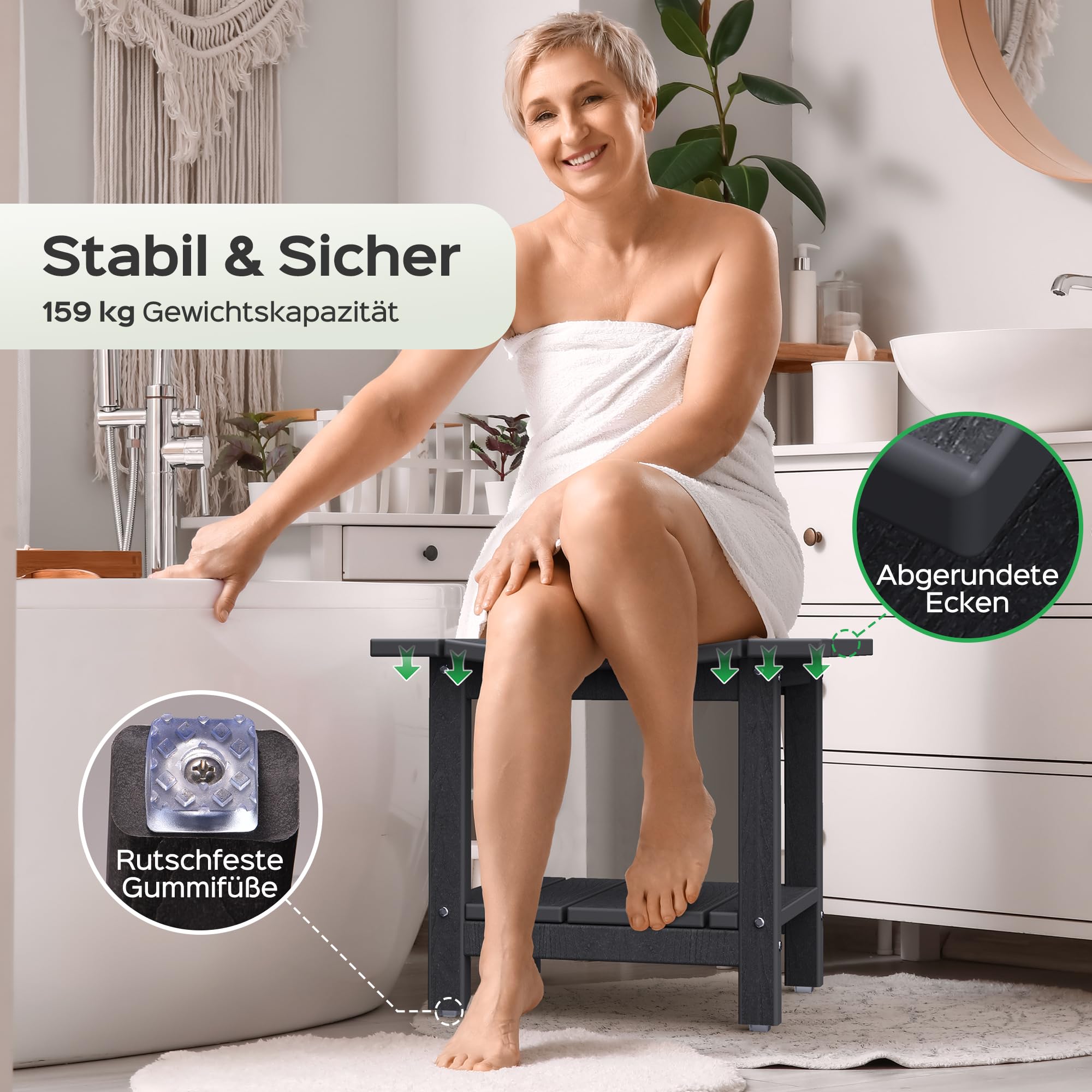 LyriFine Duschhocker, 47cm HDPE wasserdichter Duschstuhl für die Dusche, Badezimmer Hocker mit Duschkopfhalter, 160kg Duschhocker für ältere Menschen und Senioren zum Rasieren der Beine, Schwarz