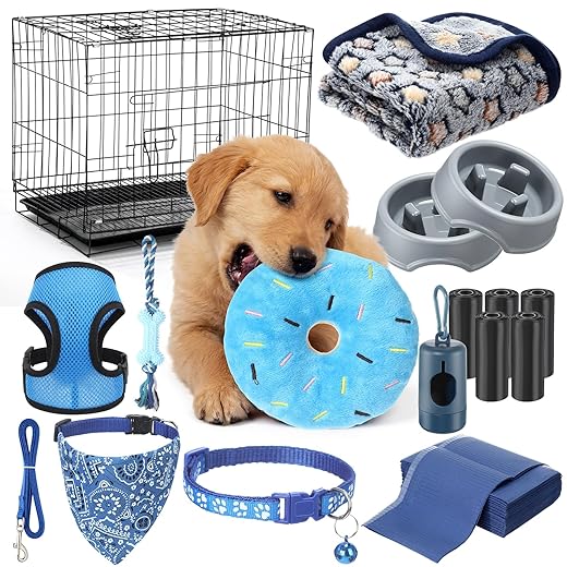 35 Pcs Puppy Supplies Starter Kit for Small Dogs Puppy Essentials Gift Includes Dog Cage, Leash, Bowls, Blanket, Chewing Toy and More Accessories for Dogs Pet Day Welcome Gift