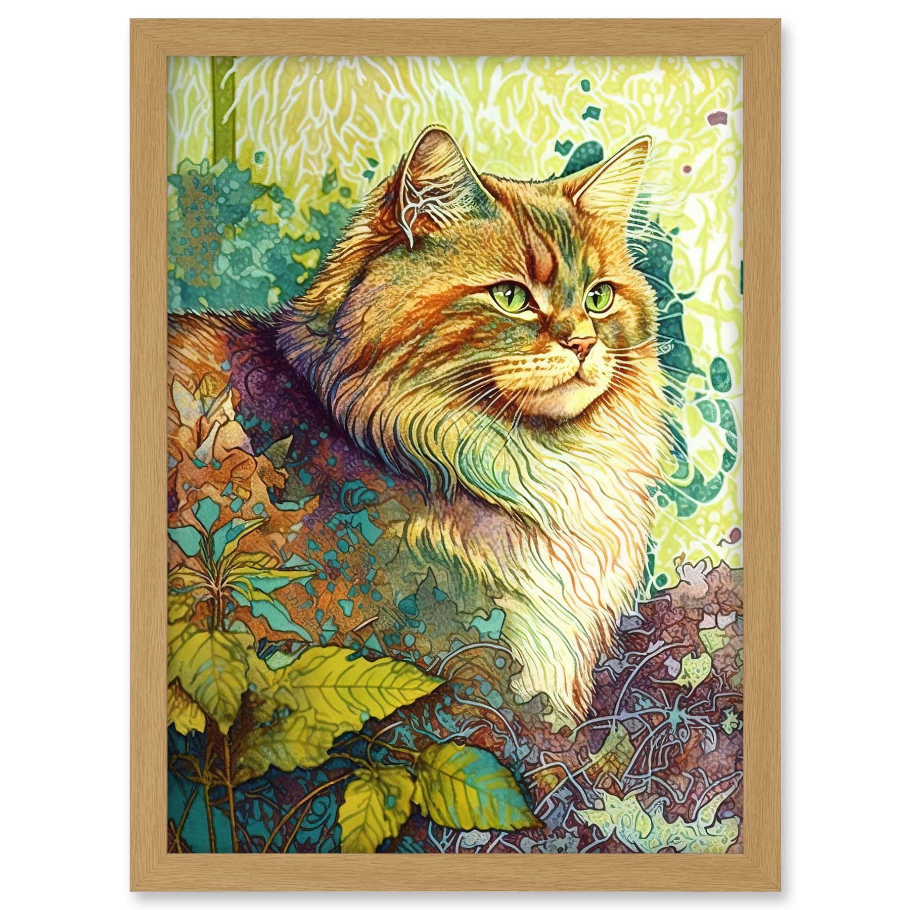 Artery8 Siberian Cat in Nature Vibrant Colourful Modern Portrait Illustration Artwork Framed A3 Wall Art Print