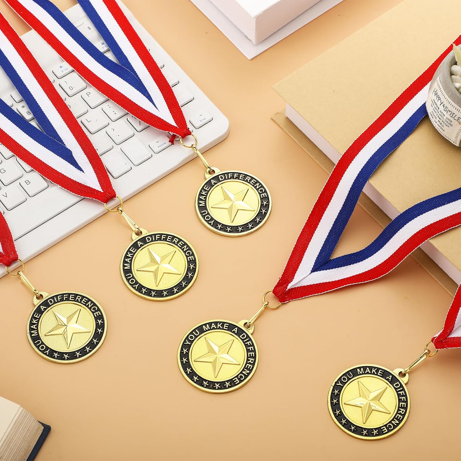 50 Pcs Employee of the Month Medal with Neck Ribbon Employee Enamel Star Recognition Gold You Make a Difference Gifts Appreciation Award Medals for Colleague Coworker Team Retirement Reward