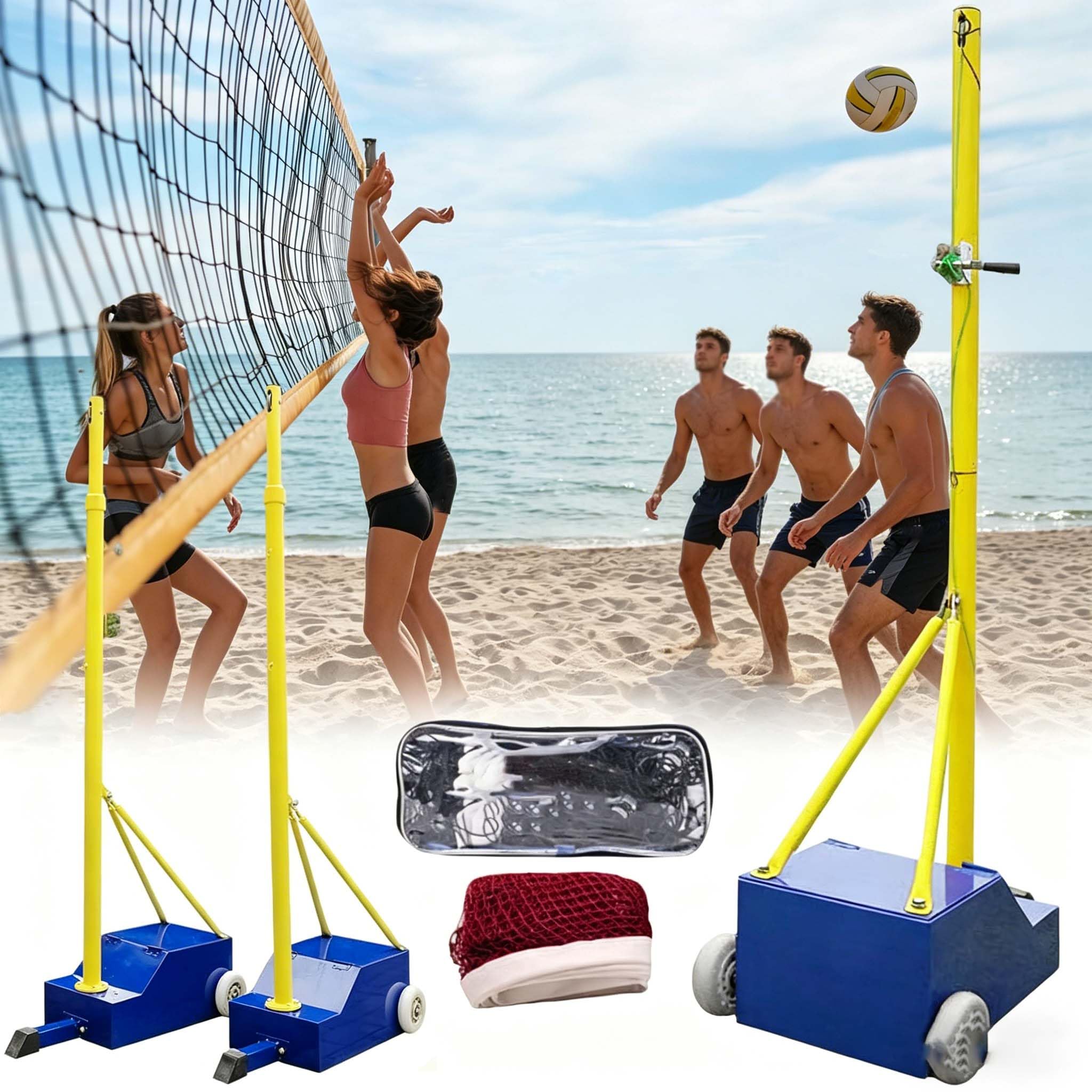 Verstellbares Volleyball-Badminton-Stangen-Set mit Netz, tragbarer Volleyball-Netzständer für drinnen und draußen, 4 Höhen (5 Fuß bis 6,8 Fuß), robust mit Rädern, für Hinterhof-Rasen