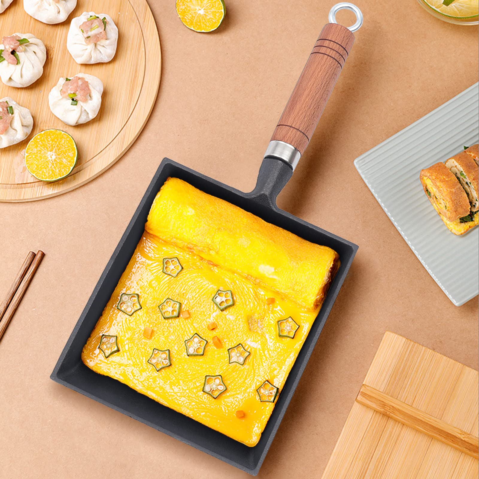 Tamagoyaki IJzeren pan, braadpan, vierkante omeletpan, vleessteak, mini-pan met houten handvat, gietijzer, antiaanbaklaag, pannenkoeken, thuis, keuken, kookgerei, boterpannetje, spiegelei, 15 x 18 cm