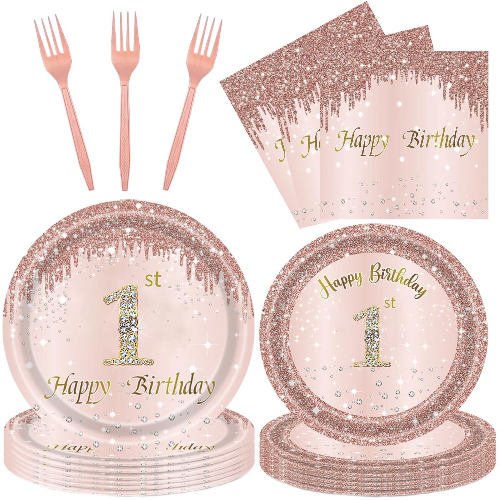 96pcs 1st Rose Gold Birthday Party Supplies ,Includes Plates and Napkins Forks 1st Birthday Decorations for Girls 1 Year Old Disposable Party Favors