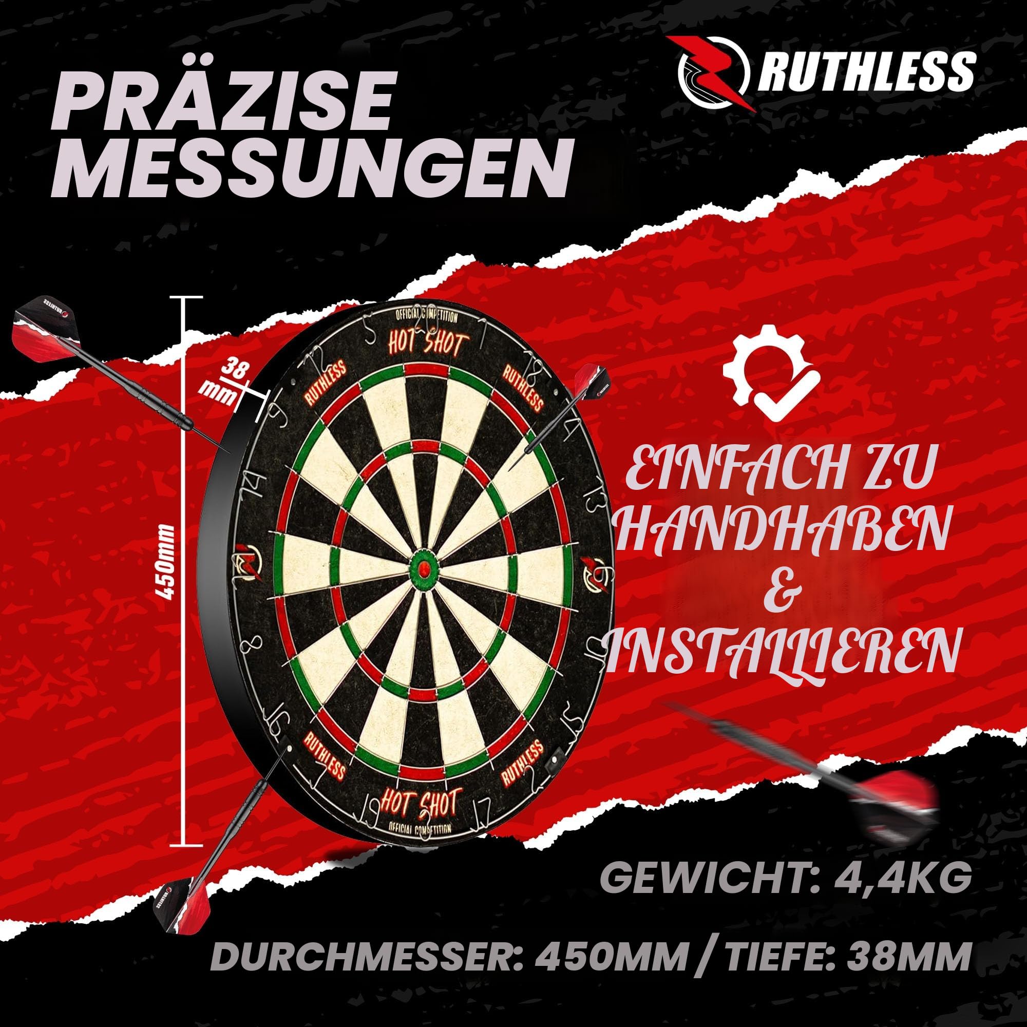 Ruthless Hot Shot Dartscheibe | Endurance Runddraht Sisal Dartscheibe Set inkl. 2 Sets Steeldarts