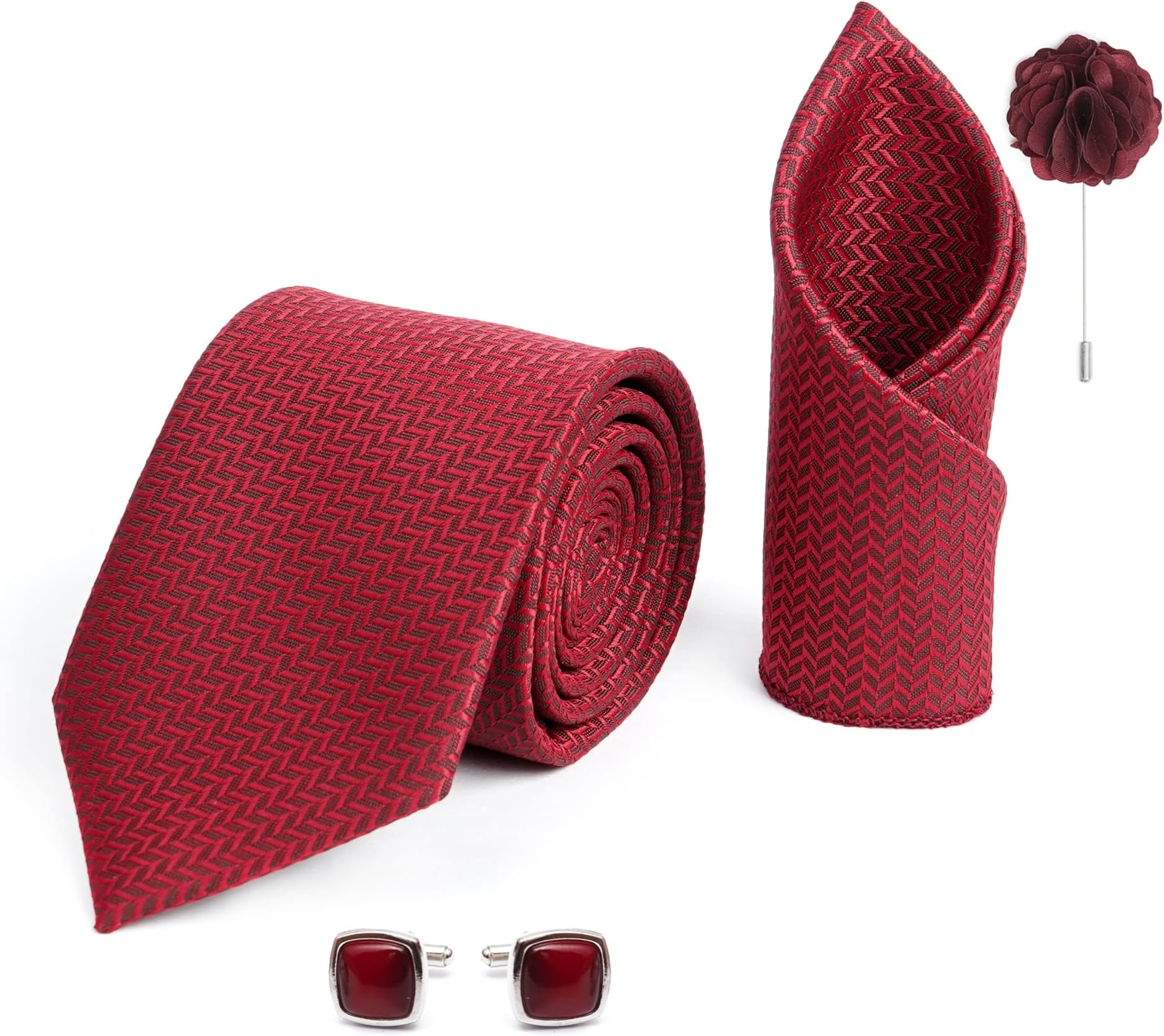 Axlon Tie for Men – Self Silk Neck Ties Set with Cufflinks Flower Pin, Pocket Square & Black Gift Box, Combo Necktie Sets for Office Wear, Formal Suits & Weddings (0, AXSIDIRX)