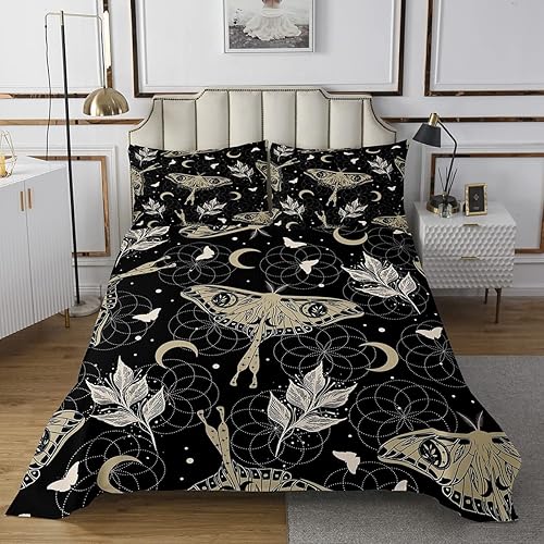 Erosebridal Juego de colcha de mariposa bohemio con diseño de polilla de la muerte, colcha de luna estrellada, juego de ropa de cama con espirales