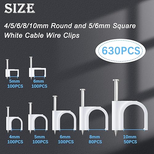 Miniatura 2 de mxuteuk 630 clips de cable con clavos de acero, 45680.394 in redondos y cuadrados de 50.236 in, clips de cable blanco cuadrados, clips de pared para