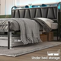 Vista 7 de Black Full Size Bed Frame with Led Lights and Charing Station,Upholstered Headboard with Storage Shelves,Farmhouse Platform Bed,No Box Spring Needed
