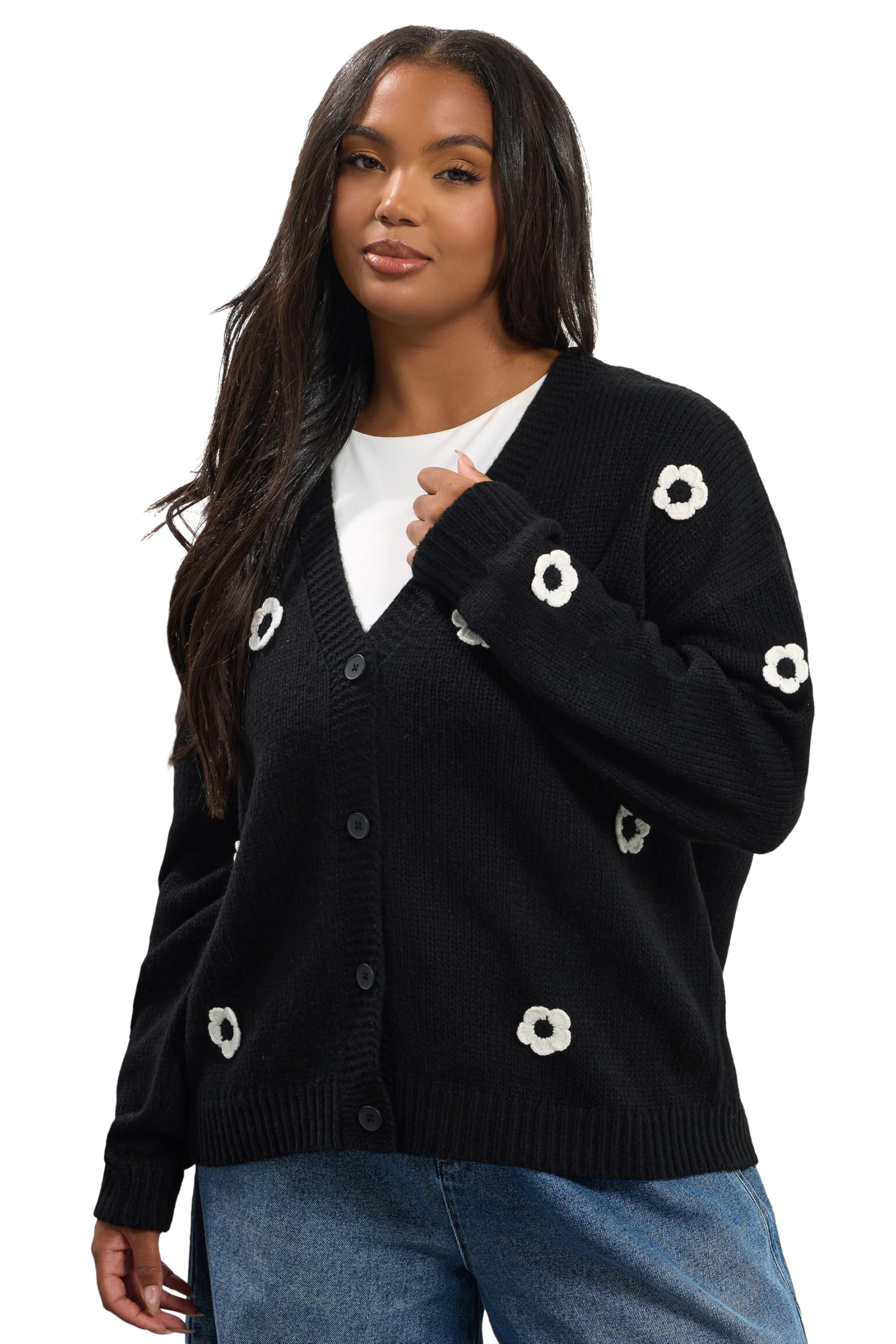 Yours Women's Black Applique Flower Cardigan Sweater In | Size: 26-28