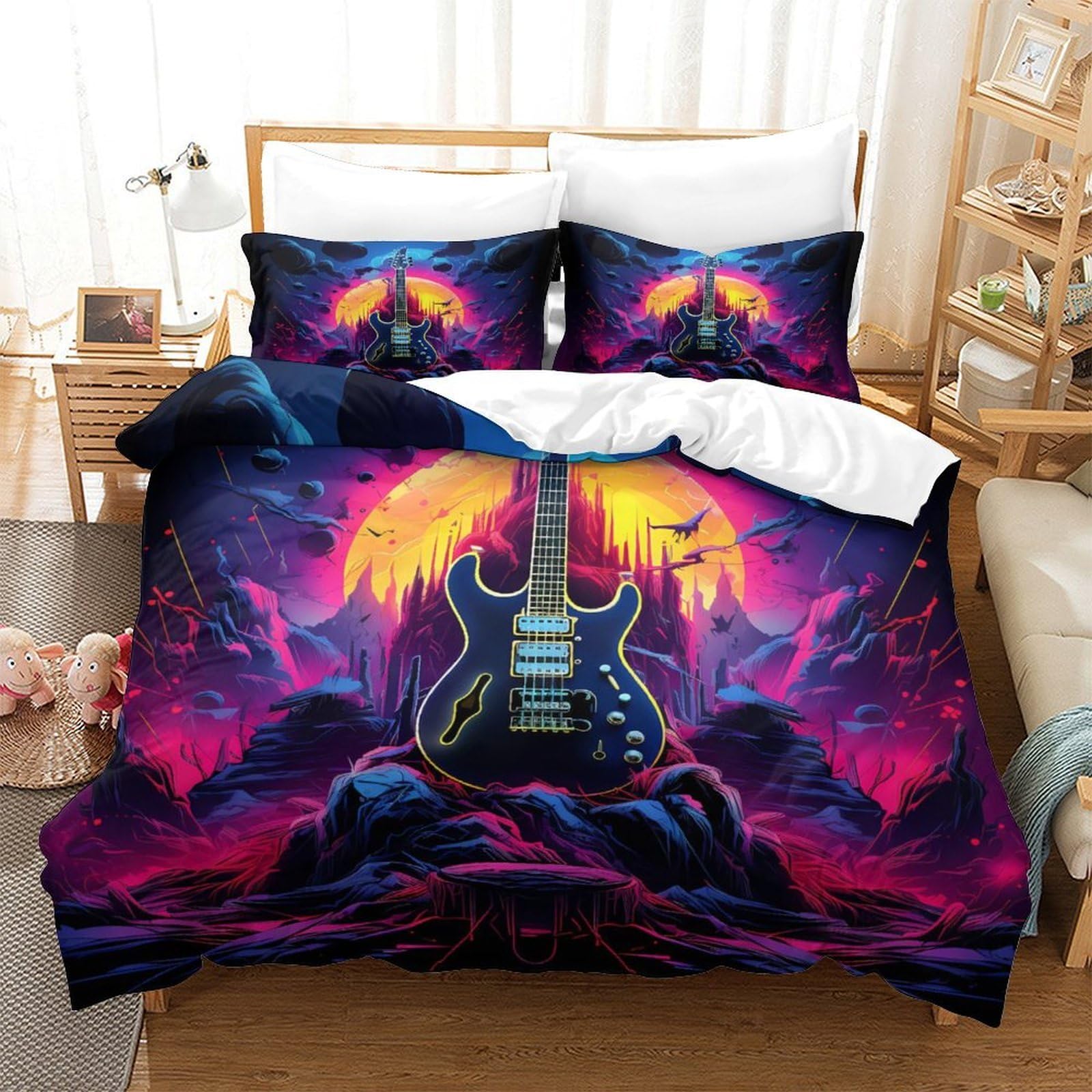 chitarra elettrica Impressione 3D 3 pz fodera per edredone fantasia rock al neon coperteletto microfibra ipoallergenica antiacari per ragazze adolescenti donne Super king（260x220cm）