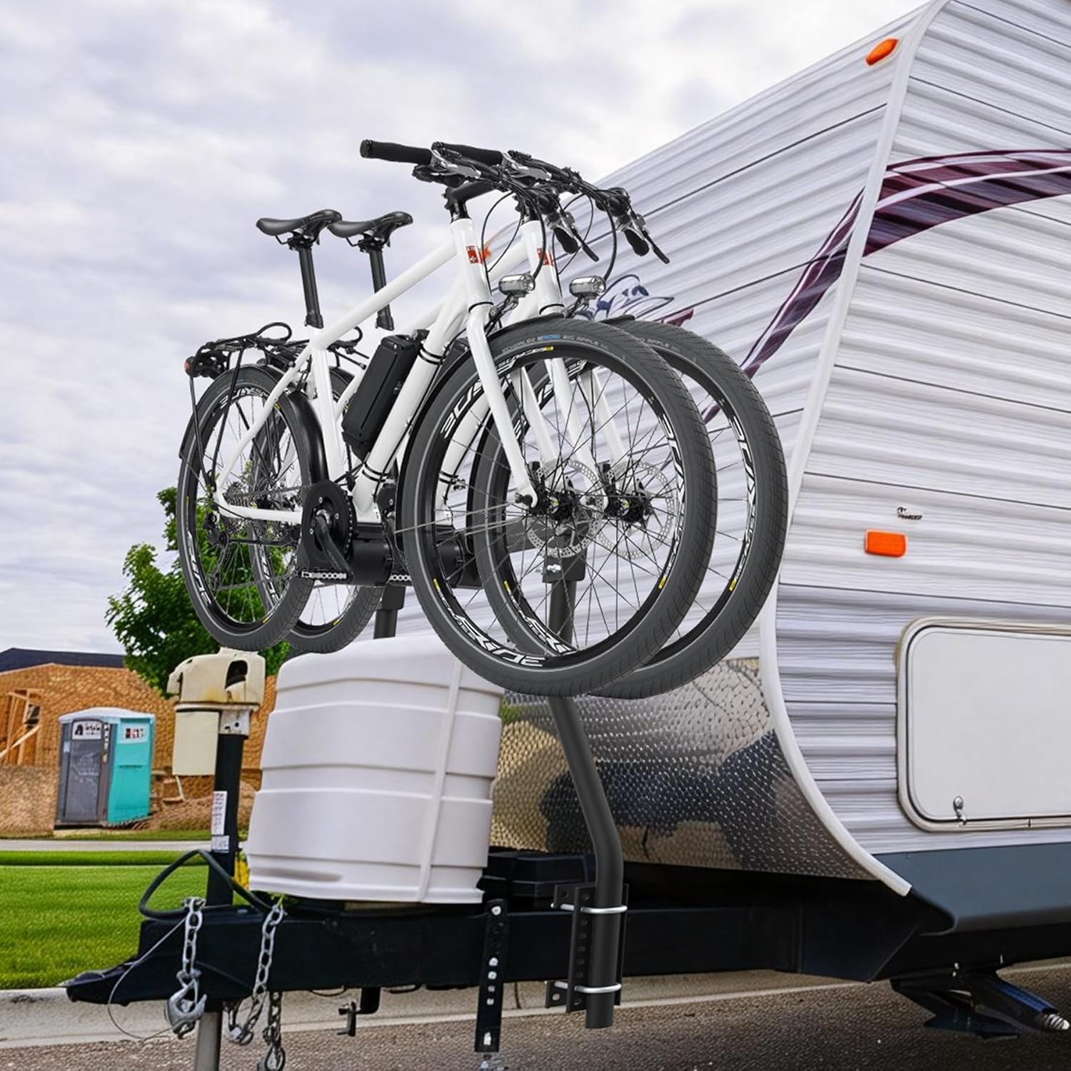 Trailer Tongue Bike Bunk, Adjustable A-Frame Trailer Bike Frame Hold up to 100LBS, RV Bike Rack for Extra Camper Storage Space, Black