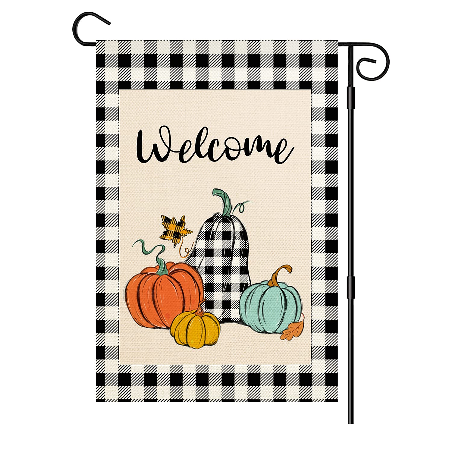 MingTa Welcome Fall Garden Flag 12x18 Double Sided, Burlap Buffalo Plaid Pumpkin Small Fall Flag, Vertical Farmhouse Fall Outside Decor Thanksgiving Garden Flags for Home Garden Yard Outdoor Decor