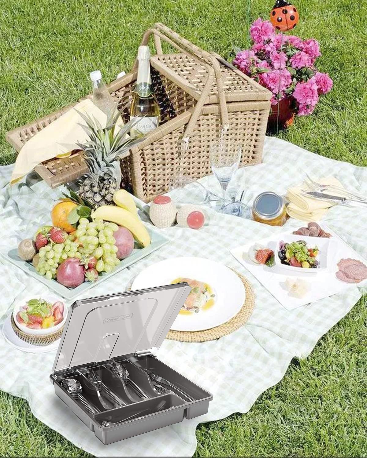 Portaposate con coperchio portatile, compatto per vacanze in campeggio, viaggi, giardino, 30x30x7 cm, nero