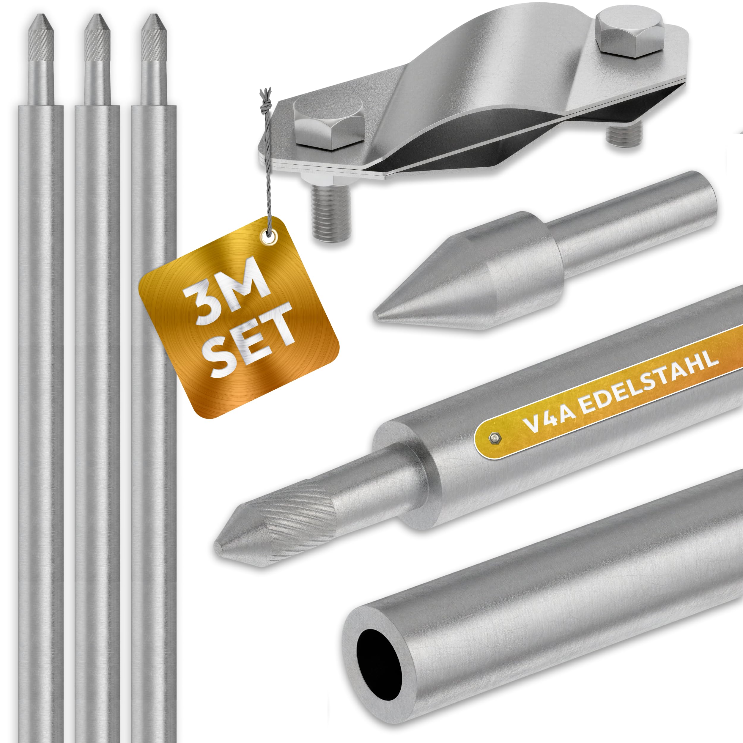 Set completo da 3 m, diametro 20 mm, in acciaio inox V4A, picchetto di messa a terra, picchetto di terra, picchetto di terra, cavo di messa a terra, binario di messa a terra, nastro di messa a terra