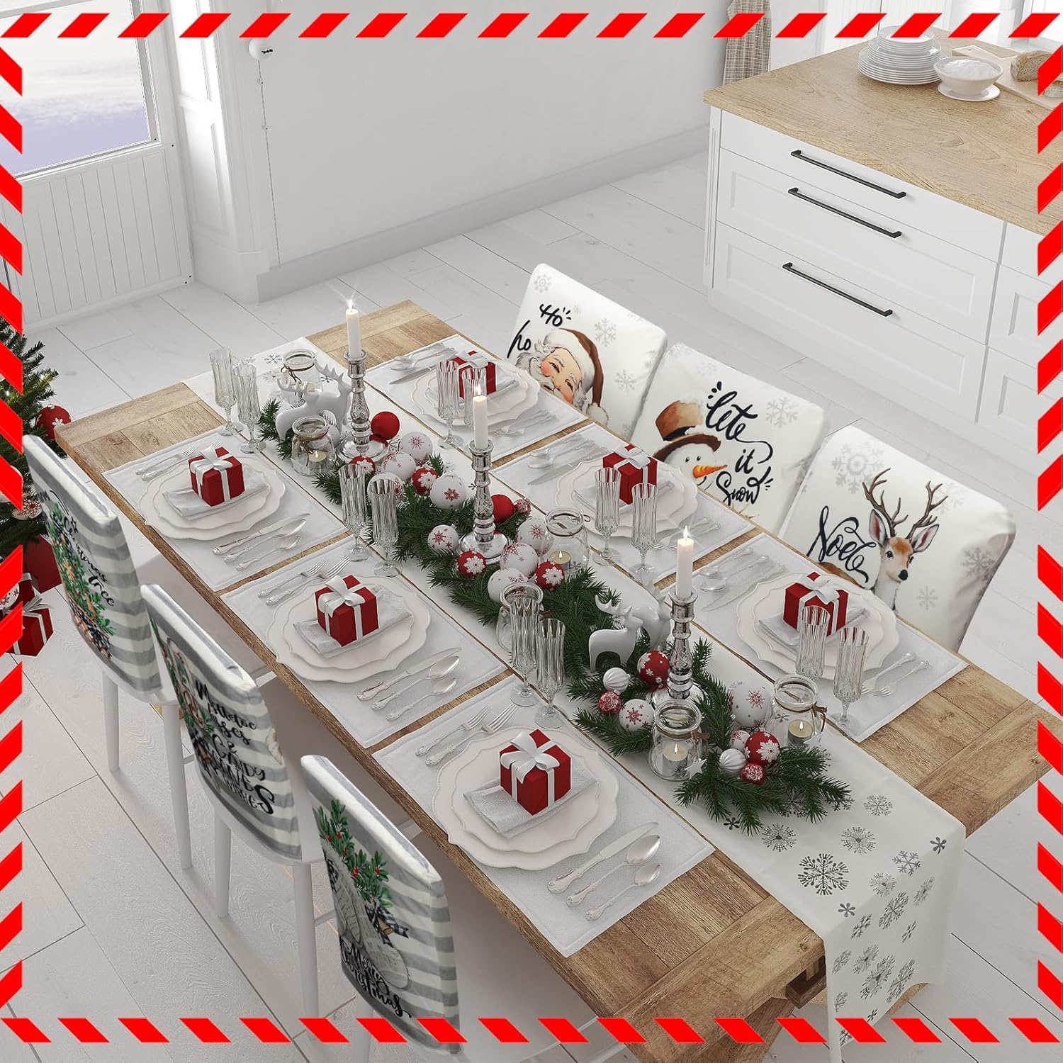 Moukeren 6 Pcs Christmas Chair Cover Set Stretch Dining Chair Back Covers Vintage Christmas Santa Claus Elk Slipcovers Farmhouse Removable Elastic Seat Protector for Xmas Party Kitchen Home Decor