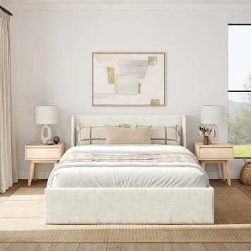 Plank+Beam Upholstered Queen Bed Frame with Rectangular Headboard, Upholstered Platform Bed, No Box Spring Needed, Easy Assembly, Cream