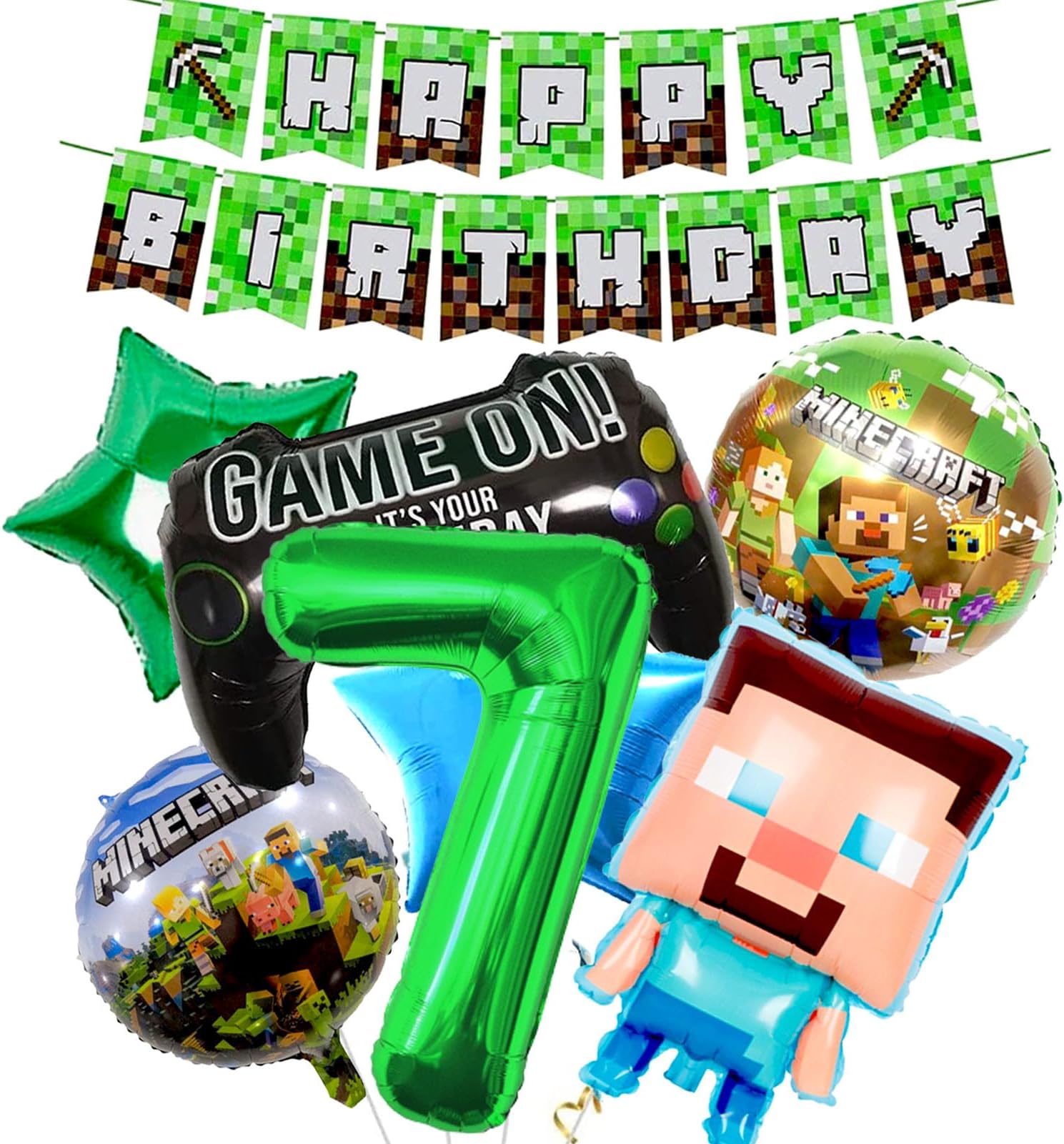 LGUZAKO 7th Birthday Decorations, Happy Birthday Balloons Banner Foil Balloons for Boy Birthday Birthday Party Supplies Gaming Theme Party Supplies Decoration (7th)