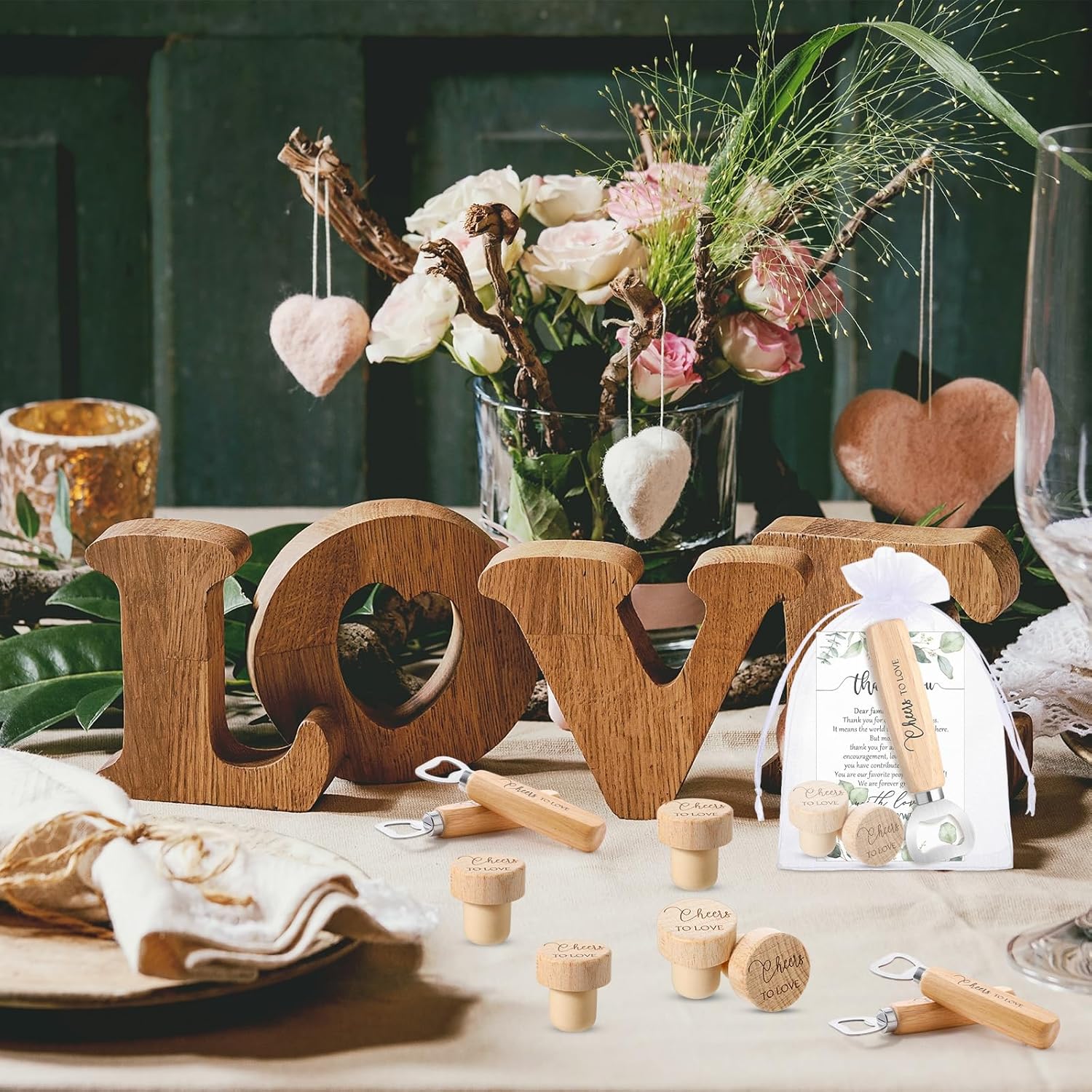 Barydat 72 Sets Wedding Favors for Guests Bulk Engraved Wood Wine Corks Beer Bottle Openers with Wedding Thank You Cards Organza Bags Cheers to Love Appreciation Gifts Bridal Shower Souvenirs