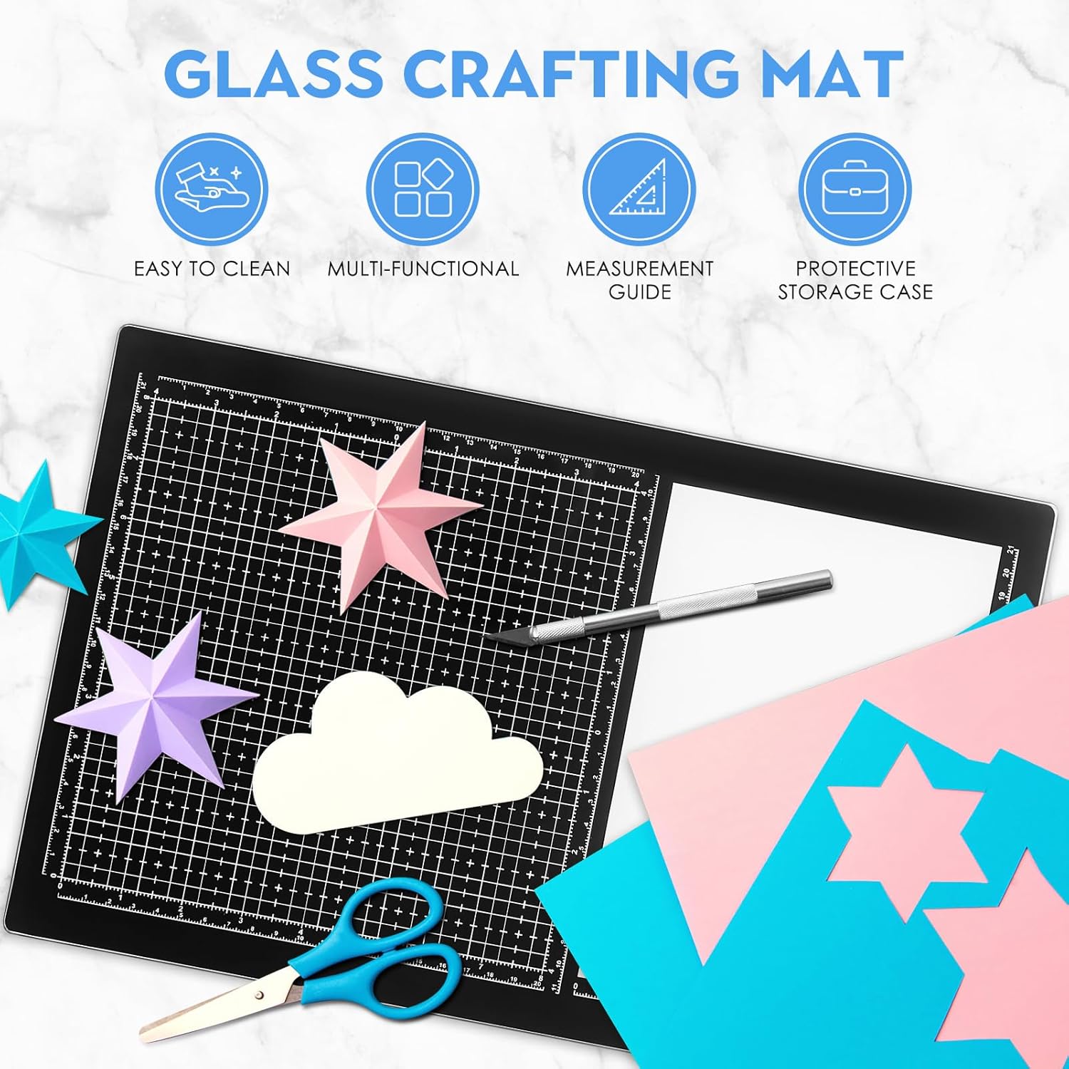 15.6 X 10.1 In Glass Cutting Mat with Protective Pink Carrying Case Compact Size Cutting Board with Measuring Grid and Palette for Paint, Mix media Ink Card Making -Art and craft Work Station