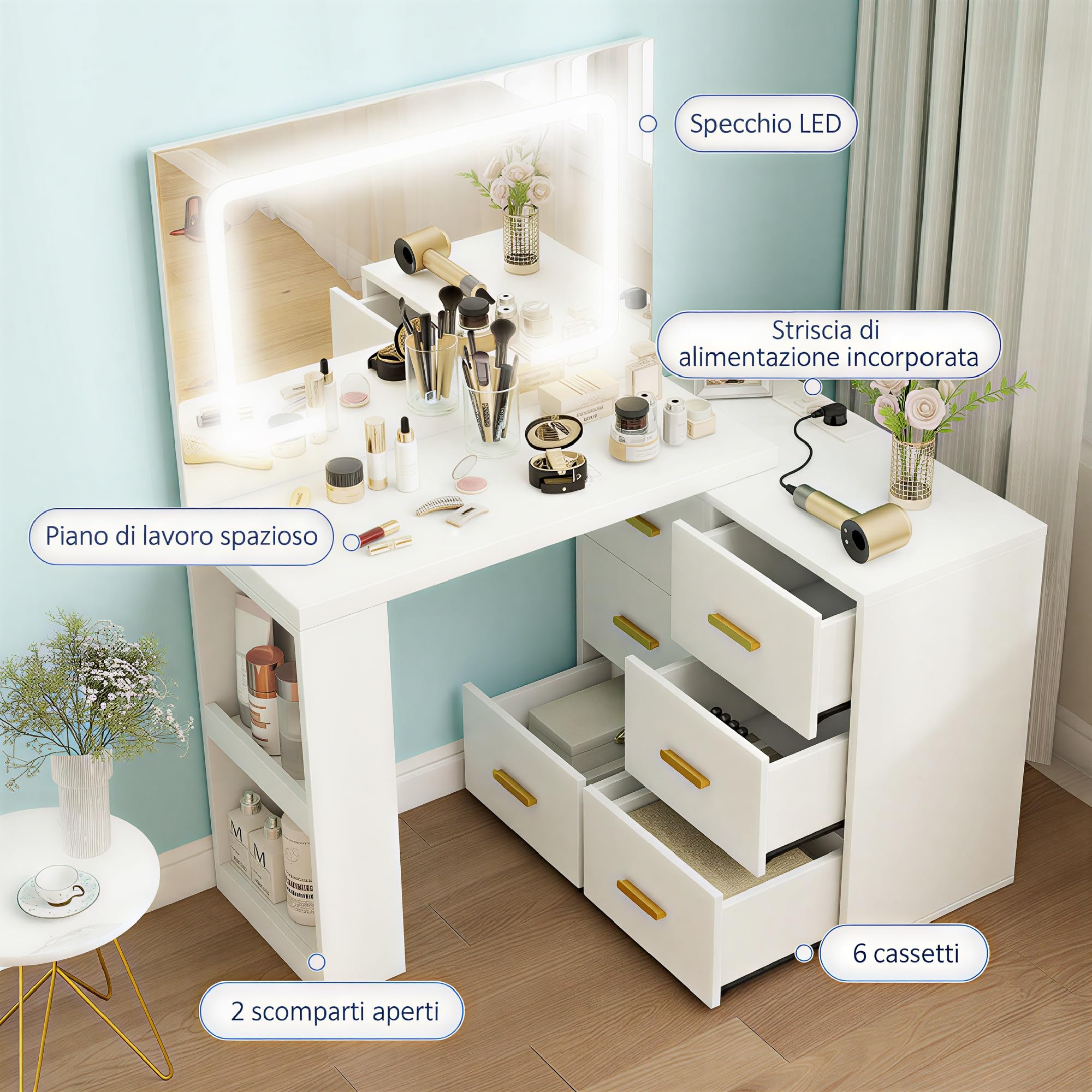 HOMCOM Postazione Trucco con Luci LED 3 Colori a L o Affiancata Bianco | Luminosità Regolabile, Toeletta Trucco, Prese Elettriche, Cassetti Soft Close, Ripiani, Specchio, per Camera da Letto