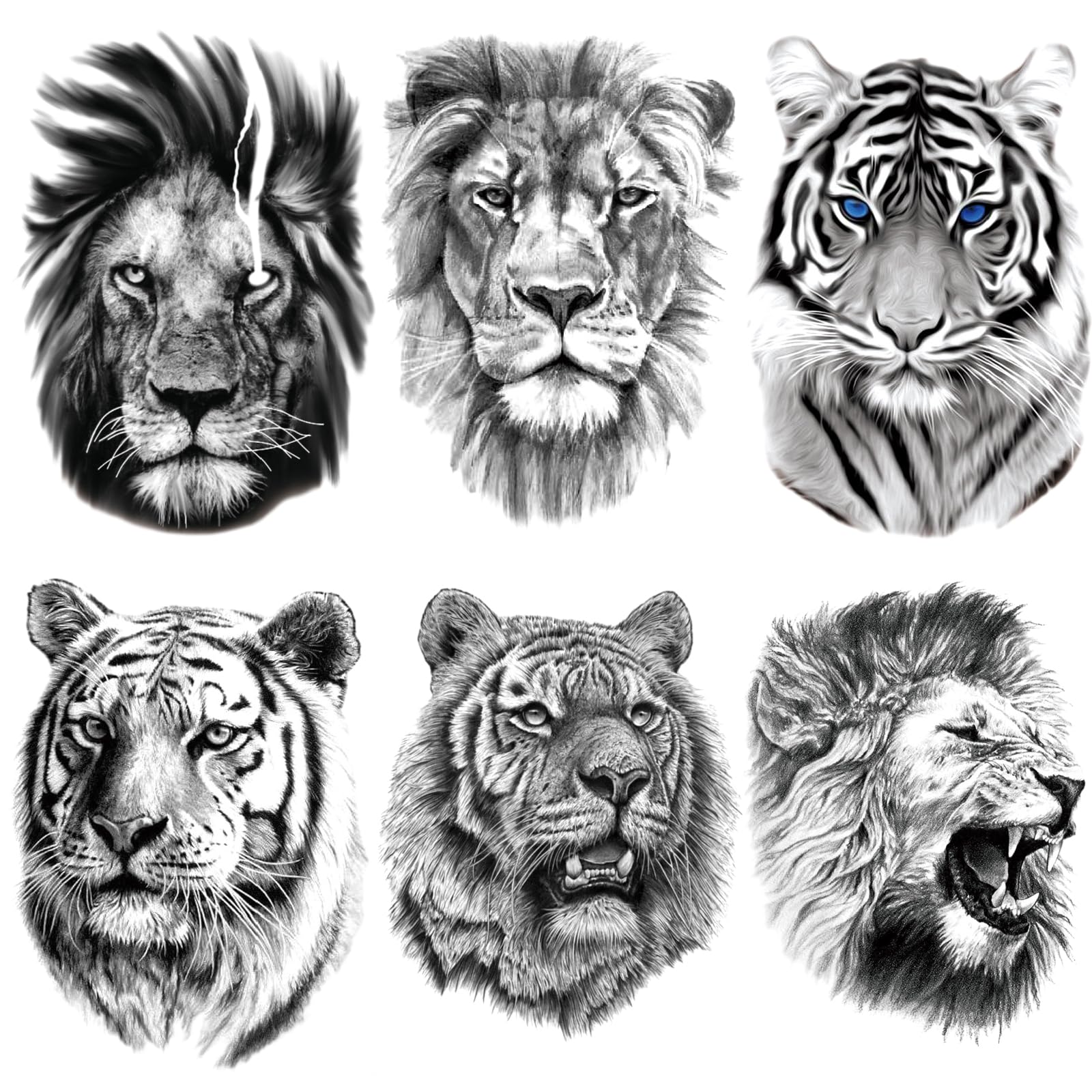 AIBAOBAO 6 Hojas Gran de Pegatinas, Tatuajes Temporales para Hombres o Mujeres, Temporal Animales Impermeables Negro Realistas Tattoos Adultos León Tigre Tótem Tatuaje para Brazo, Pecho, Hombro